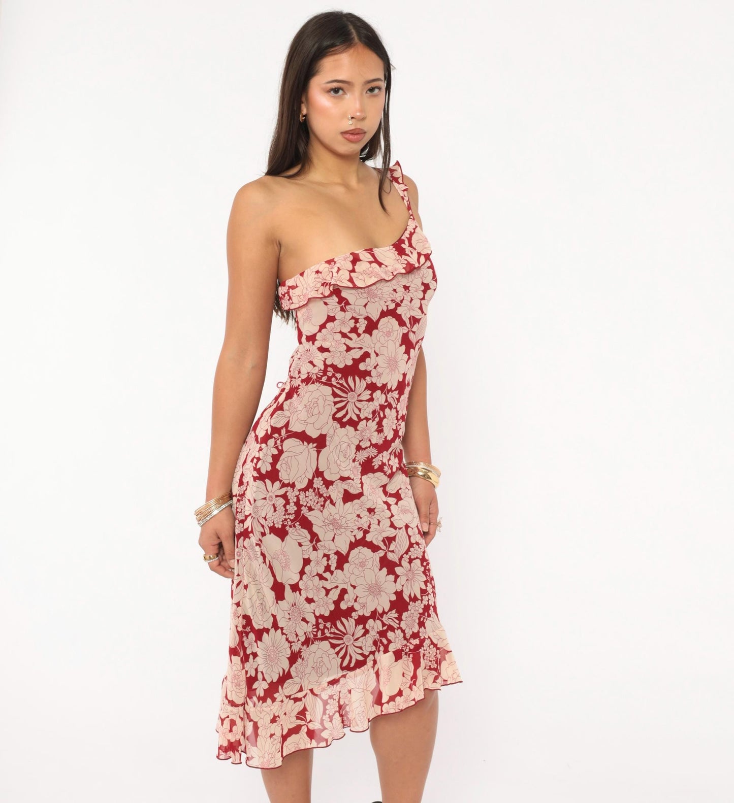 Y2K Debut USA Floral One-Shoulder Dress Red Cream Knee-Length Large L