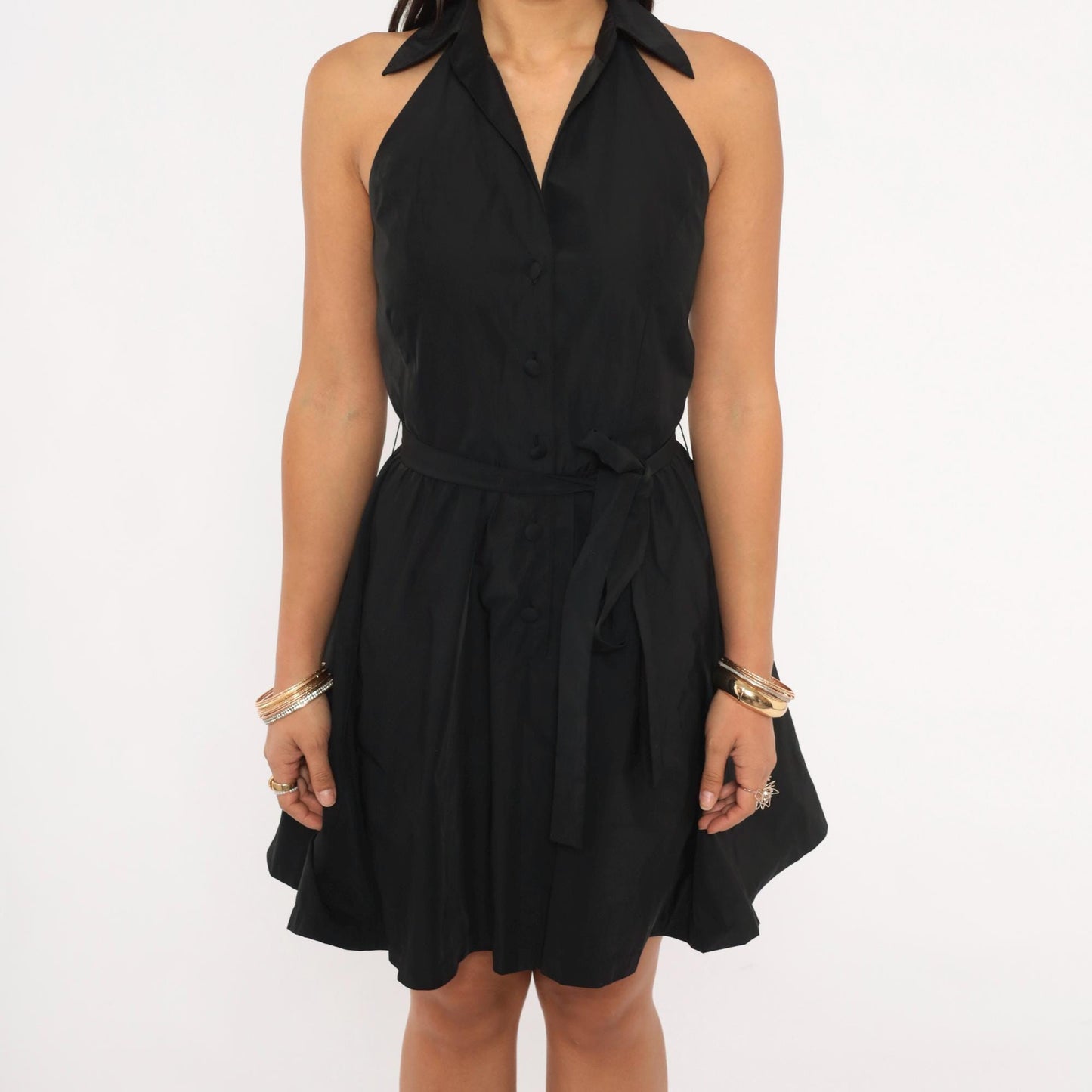 Calvin Klein Halter Mini Dress Black Button Front Open Back Tie Waist Extra Small XS
