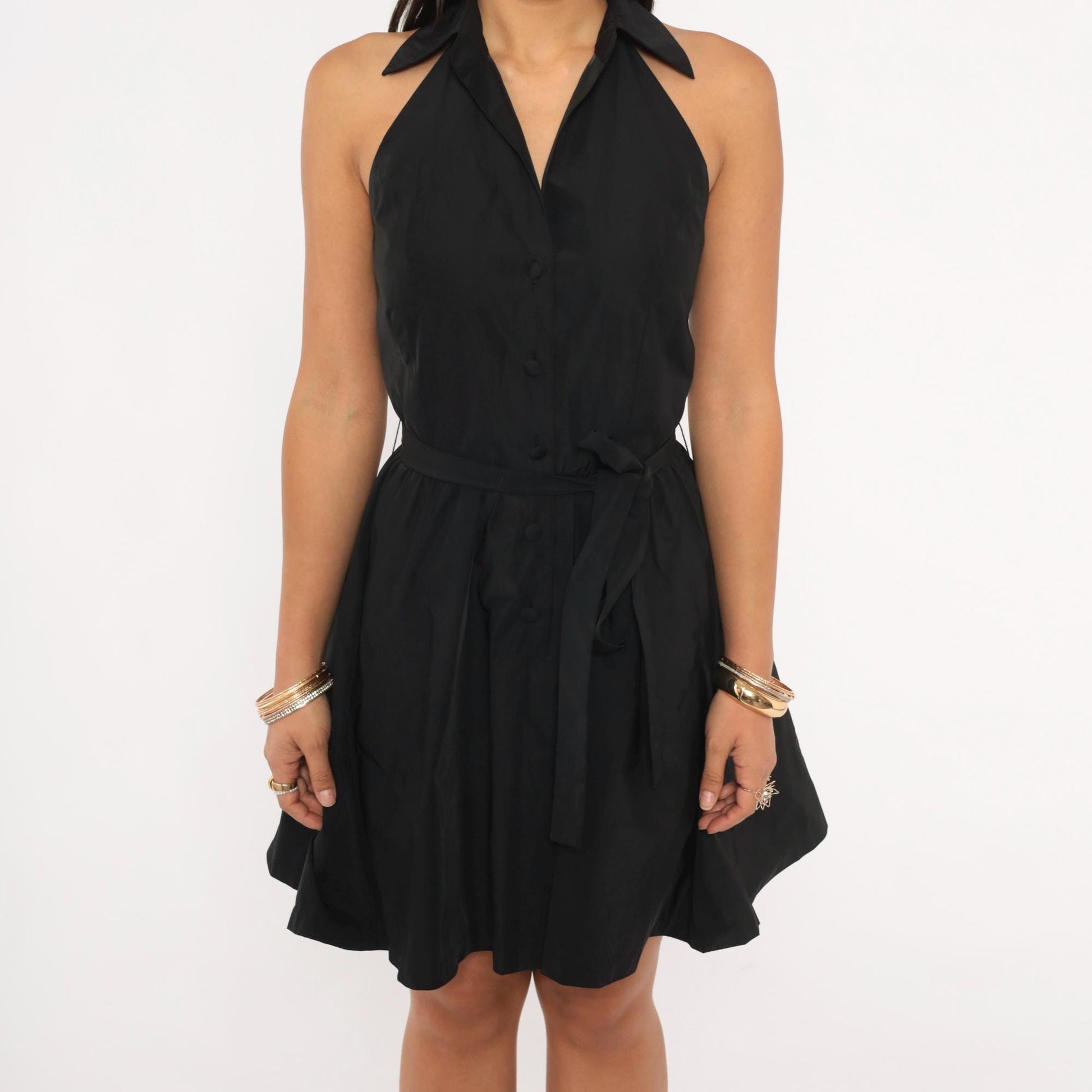 Calvin Klein Halter Mini Dress Black Button Front Open Back Tie Waist Extra Small XS