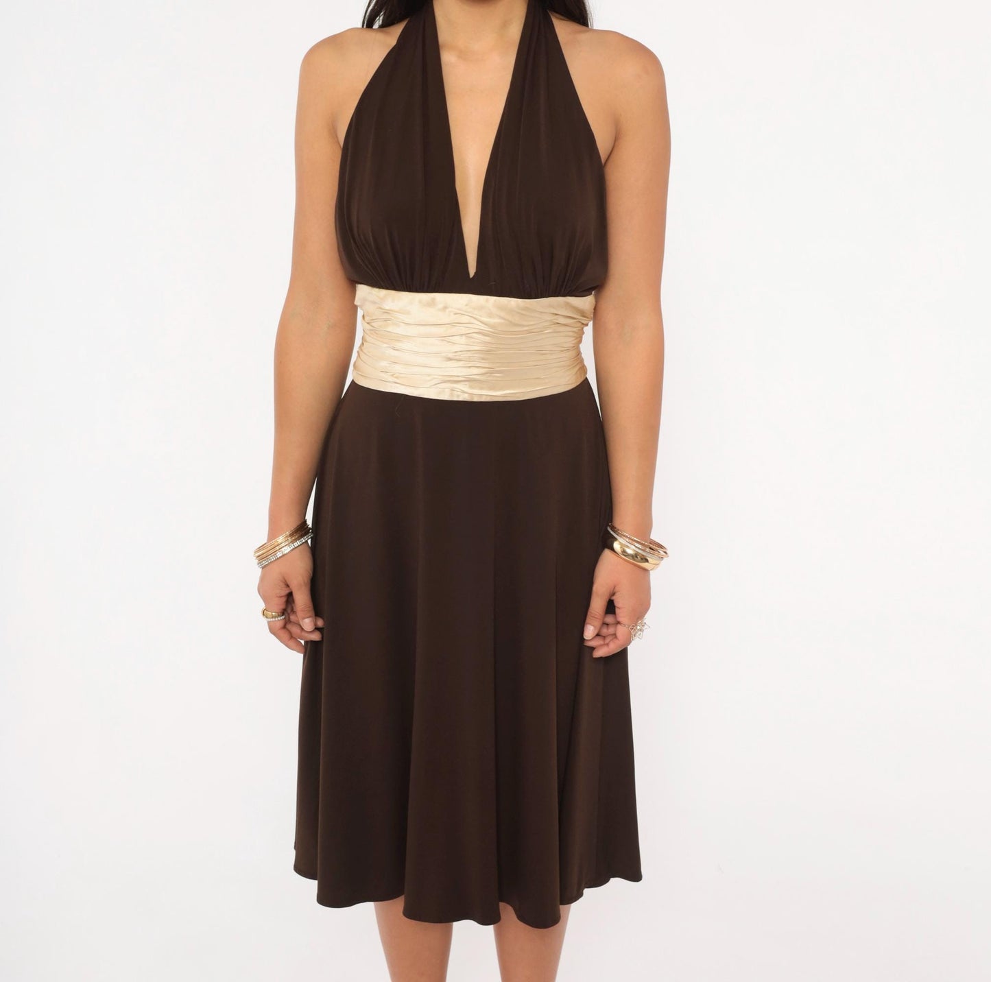 Maggy London Chocolate Halter Dress Silk Sash Deep V Open Back Knee Length Medium