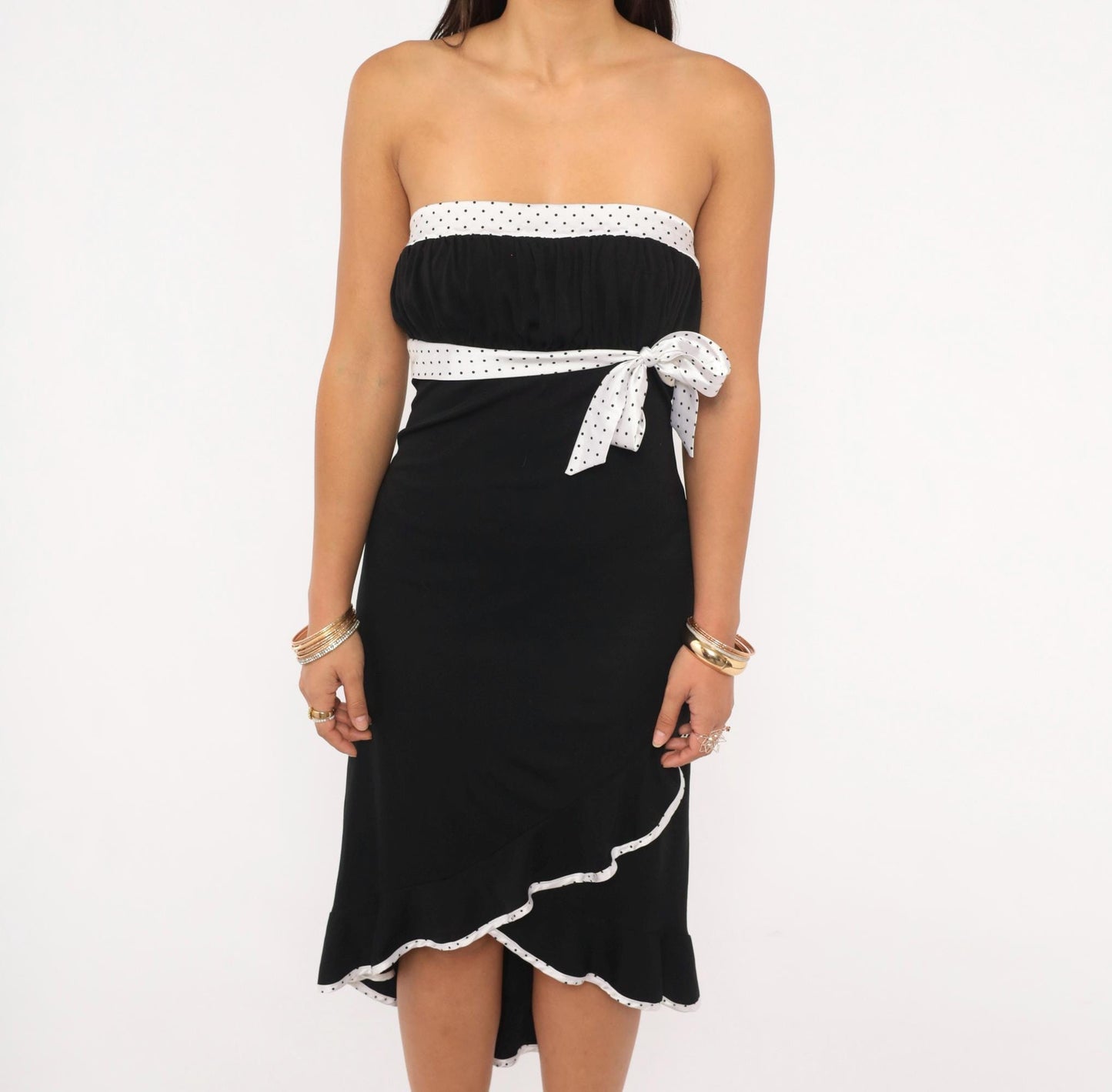 2000s Trixxi Black White Polka Dot Strapless Dress Ruffle Hem Medium M