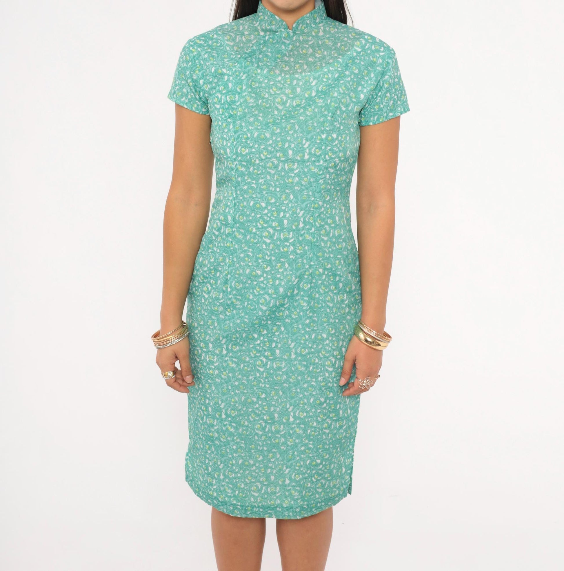 70s Cheongsam Dress Teal Floral Print Mandarin Collar Qipao Fitted Knee XS