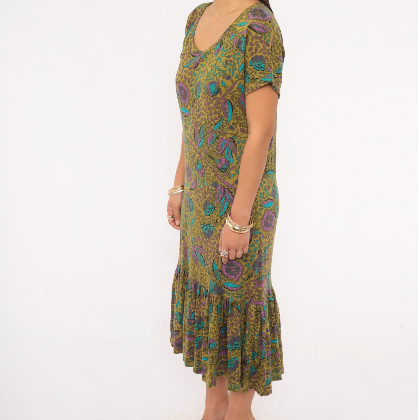 2000s Nina Hazan Olive Floral Midi Dress V-Neck Ruffle Hem Small