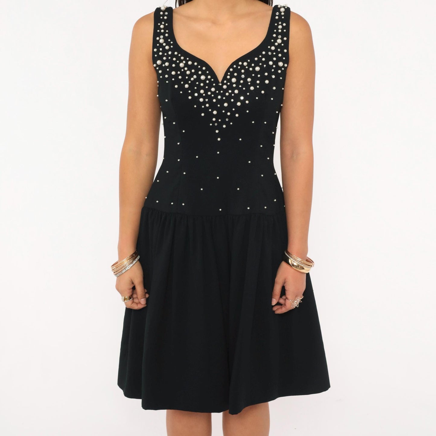 80s Morton Myles Black Pearl Beaded Sweetheart Neckline Cocktail Dress Medium
