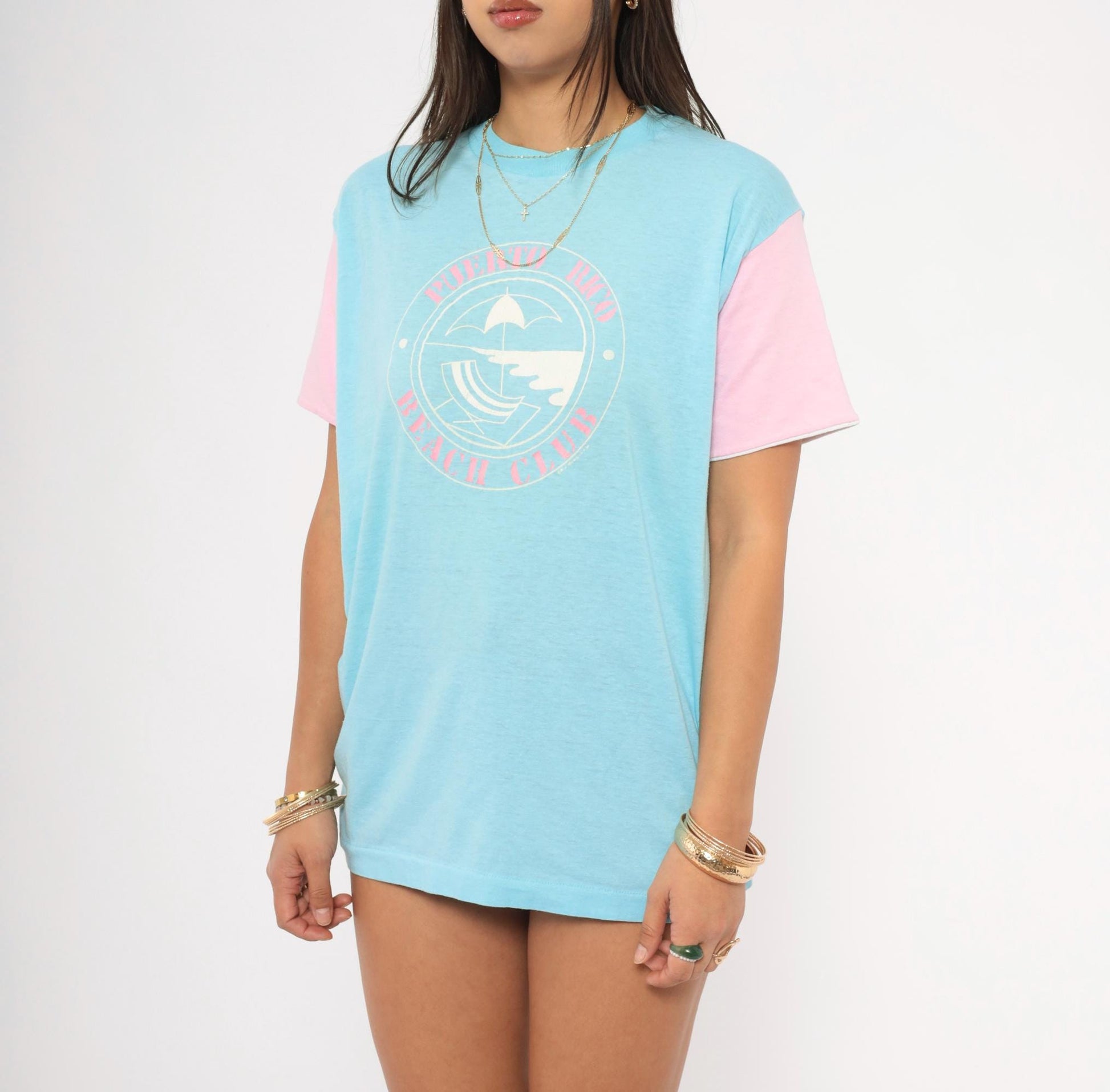 80s Puerto Rico Beach Club Colorblock Tee Baby Blue Pink Graphic Medium