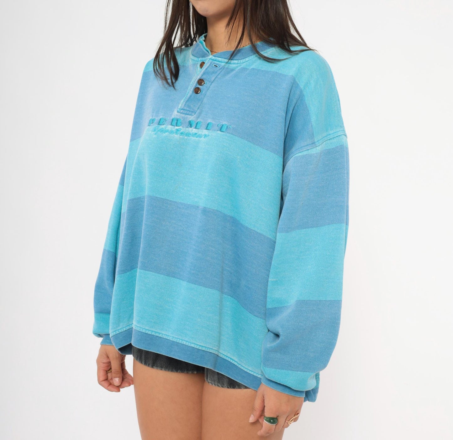 90s Permit Sportswirt Striped Henley Sweatshirt Blue Teal Colorblock Large L