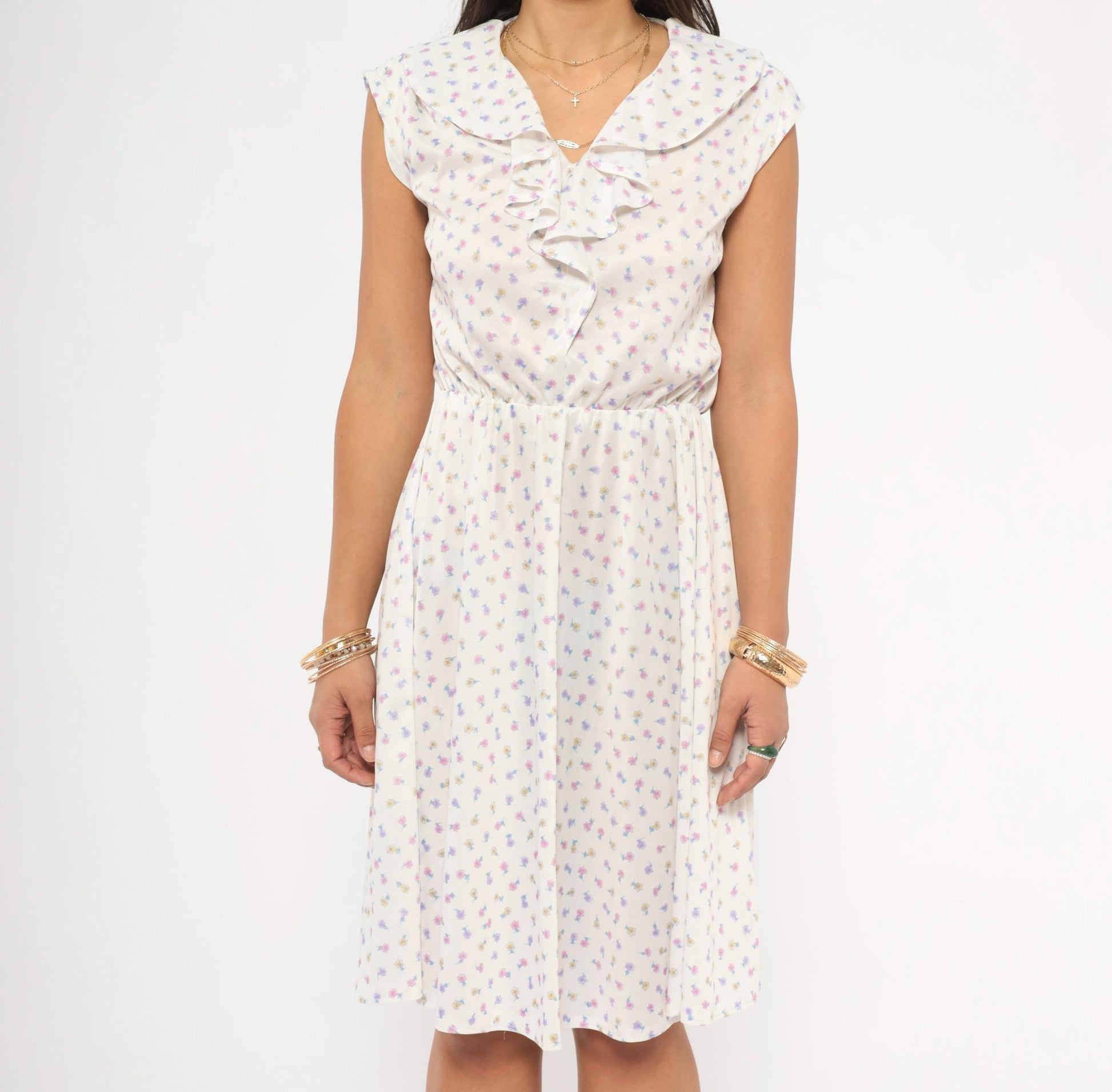 70s Floral Sundress White Pink Lavender Ditsy Print V-Neck Ruffle Cap Sleeve Medium