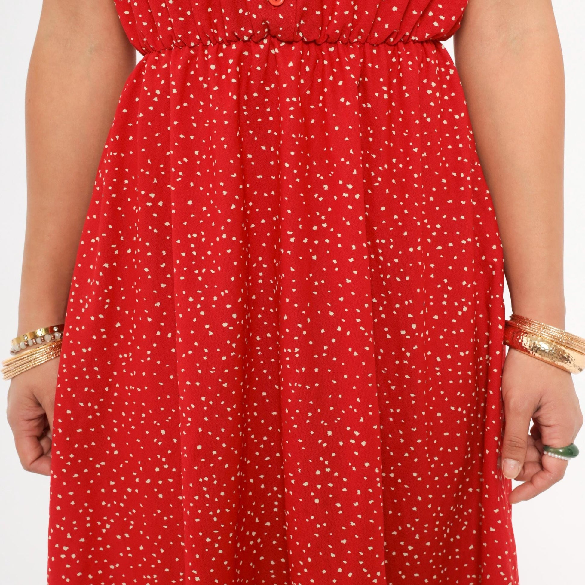 80s Red Speckled Dot Shirtdress White Print Puff Sleeve Knee Length Small