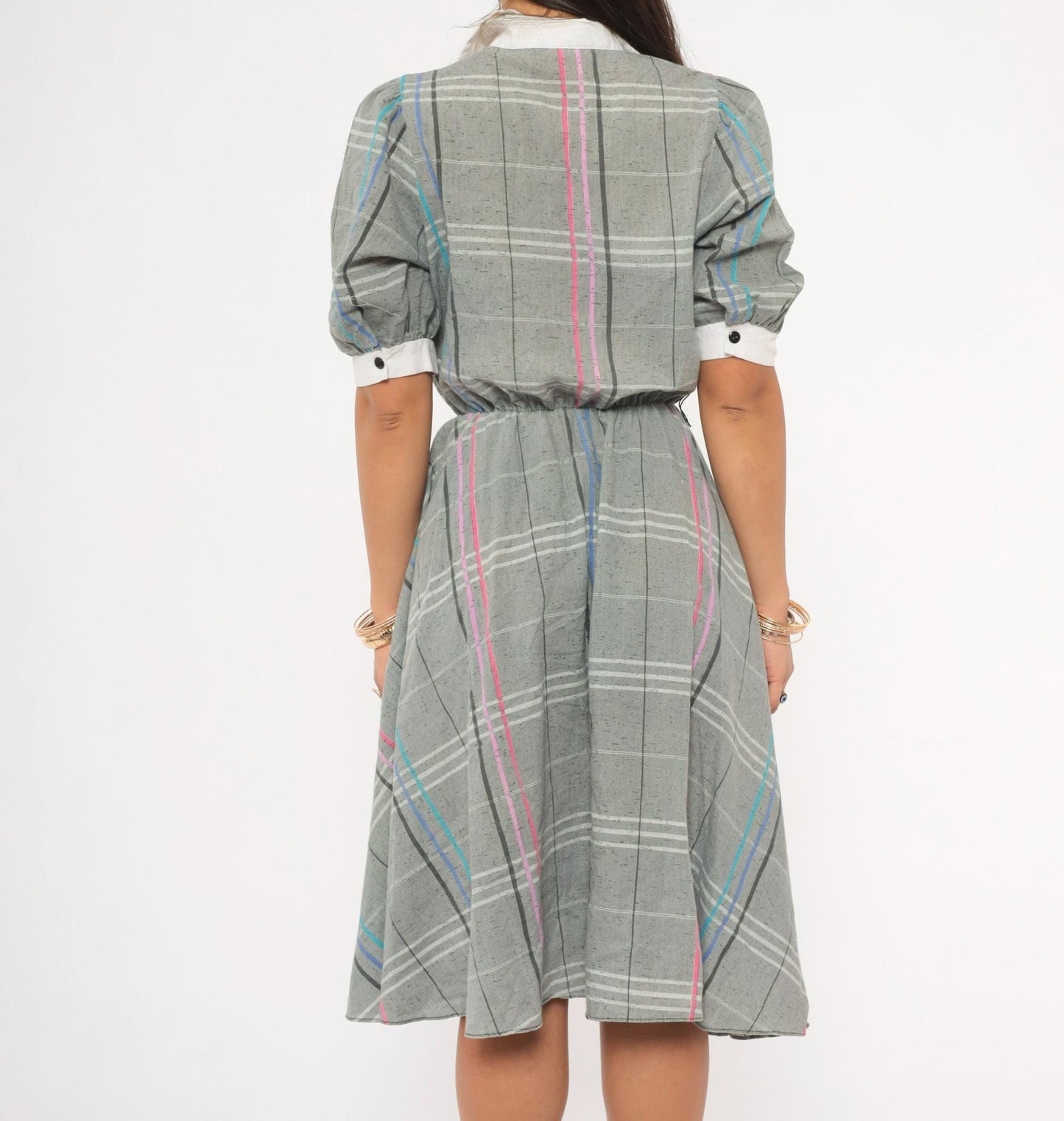 80s Grey Plaid Shirtdress Puff Sleeve White Collar A-Line Small