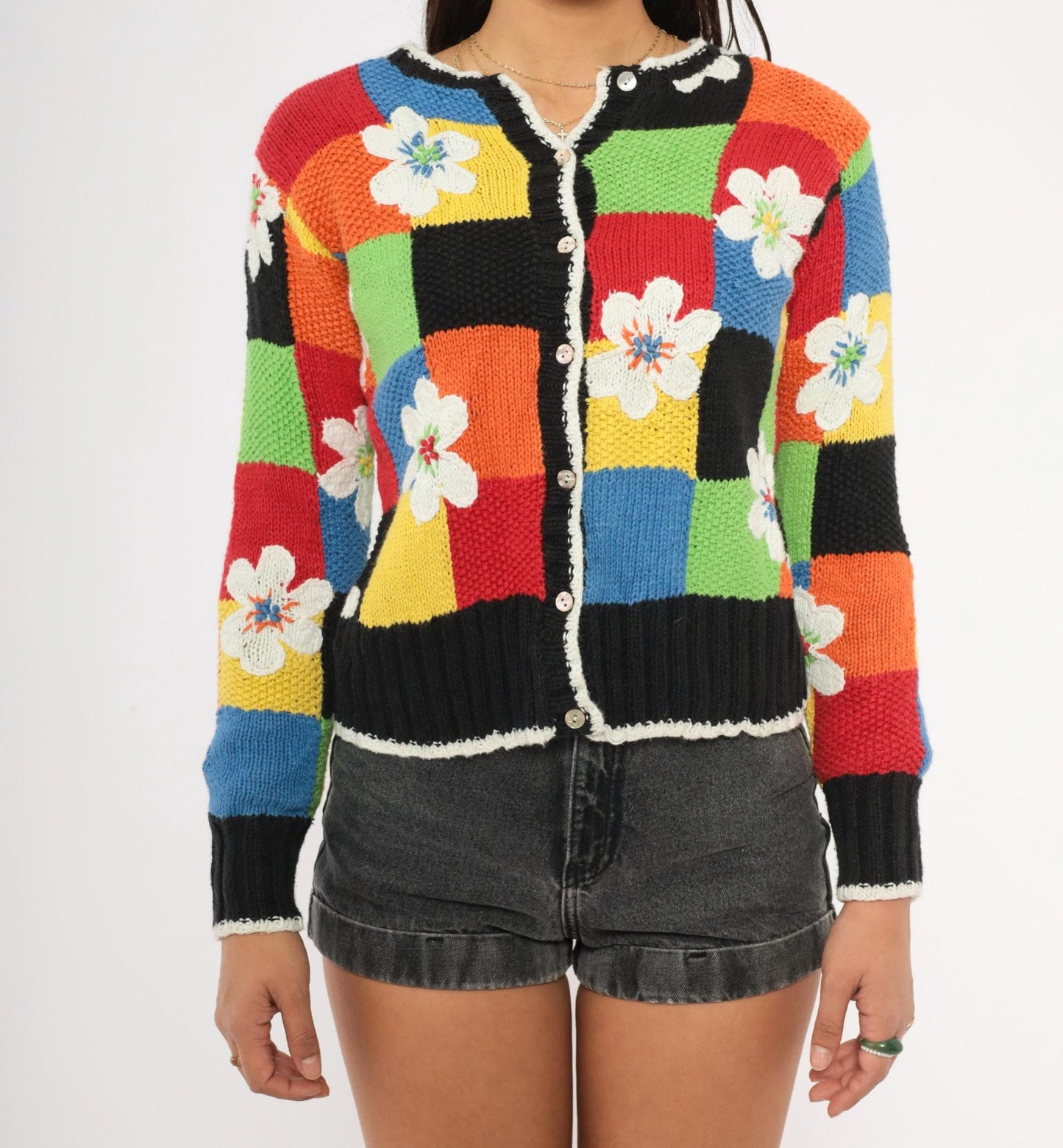 2000s Susan Bristol Patchwork Cardigan Colorblock Floral Applique Small S