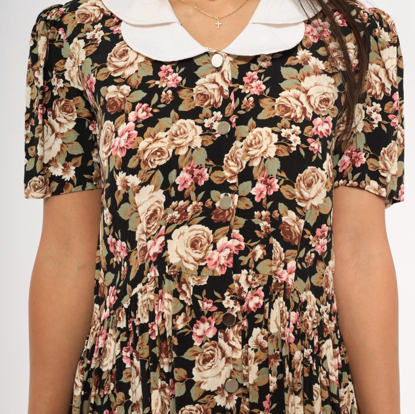 90s Black Floral Peter Pan Collar Dress Button Front Knee Length Medium M