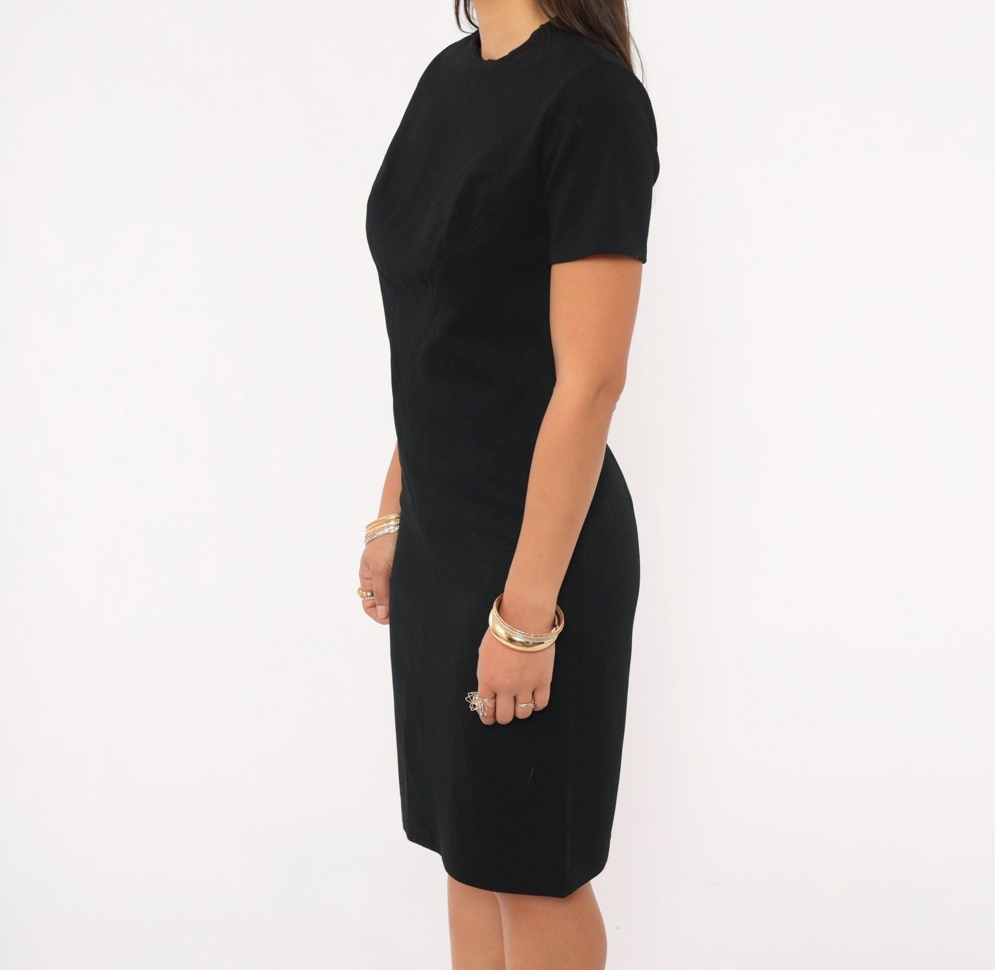 70s Black Shift Dress Crew Neck Short Sleeve Knee Length Small