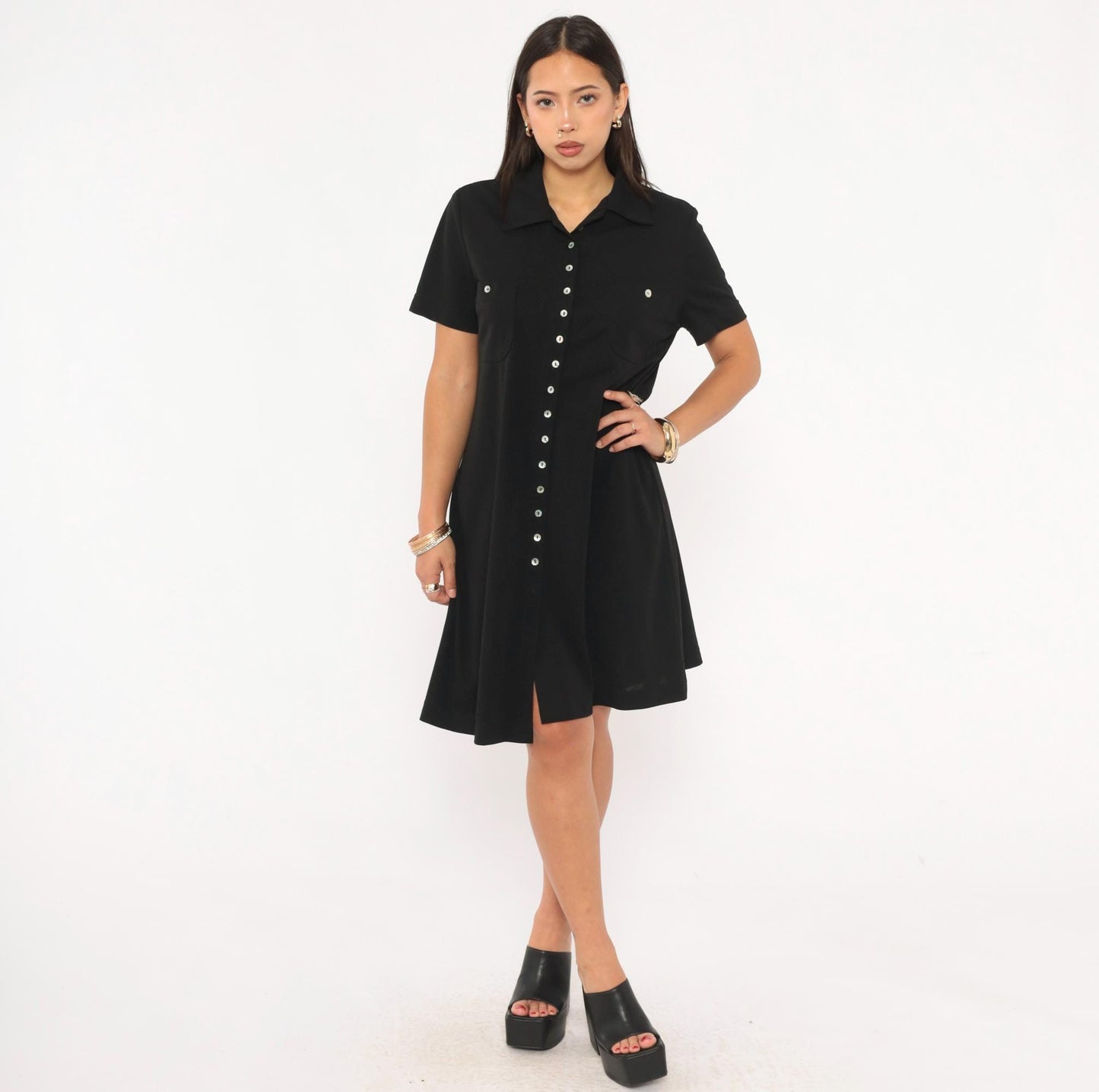 90s Jessica Howard Black Shirt Dress Button Front Collar Knee-Length Medium M