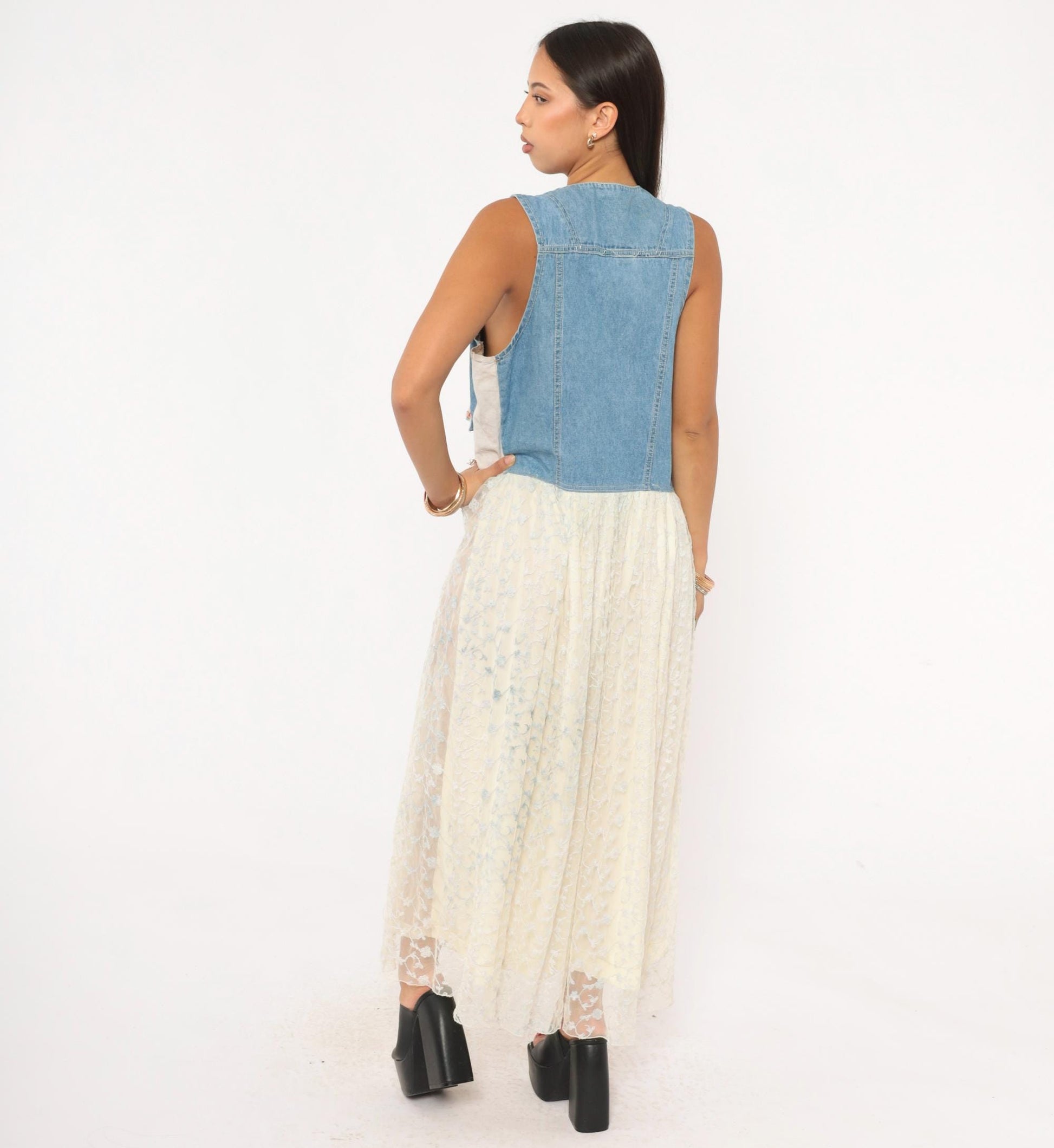 90s Modelle Designs Denim Lace Maxi Dress Sleeveless V Neck Floral Embroidered Cream Large L