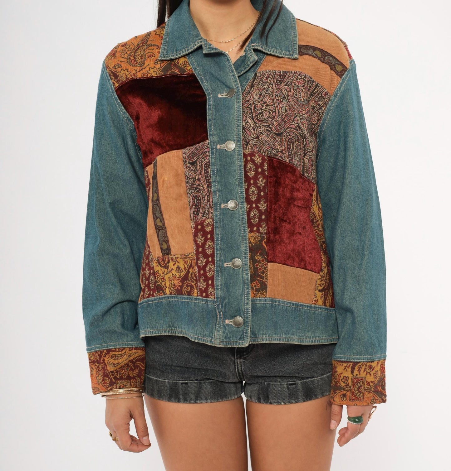 2000s Out Of The Blue Patchwork Denim Jacket Velvet Corduroy Paisley Small S