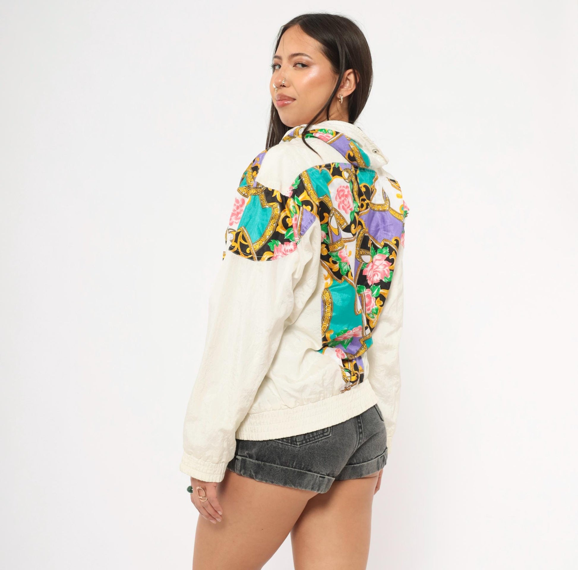 90s Sunterra Petite Baroque Rose Windbreaker Jacket Teal Gold Purple Pink Small