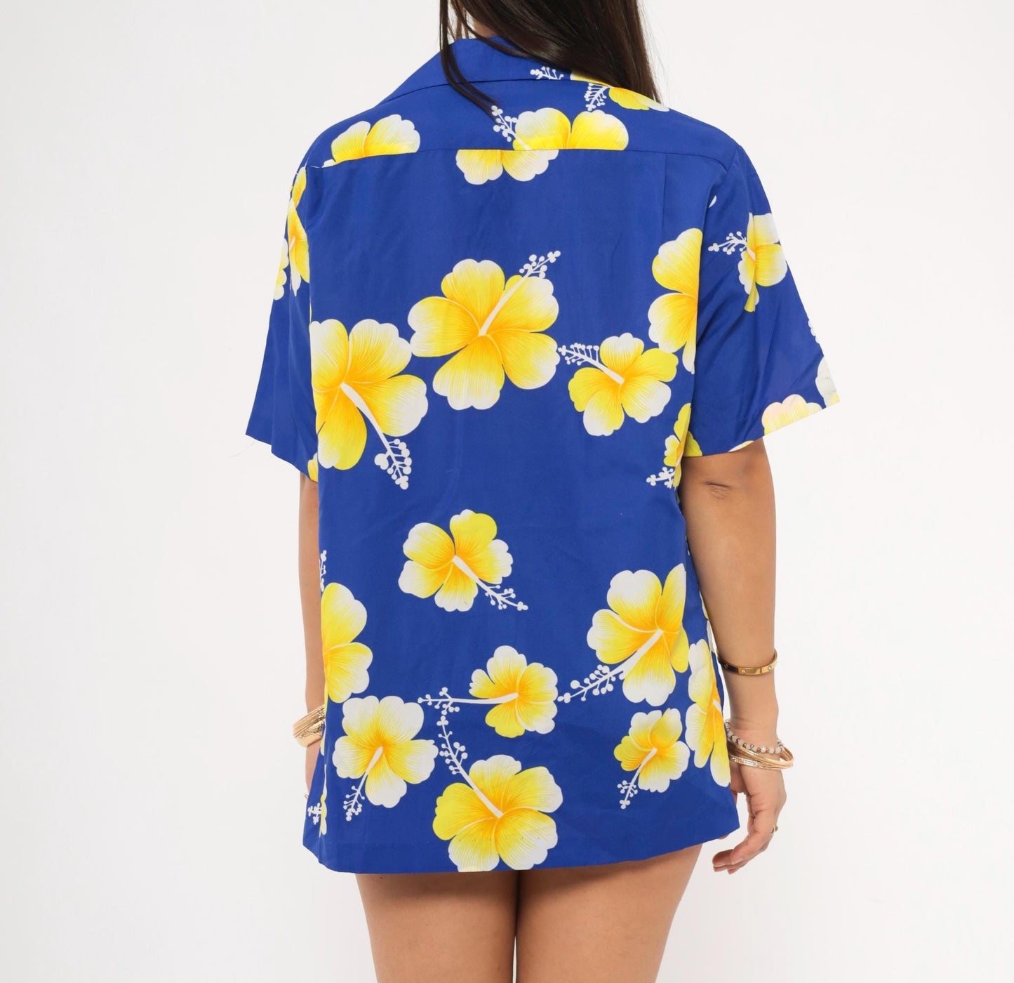 90s Hawaiian Hibiscus Camp Collar Shirt Cobalt Blue Yellow Floral Medium