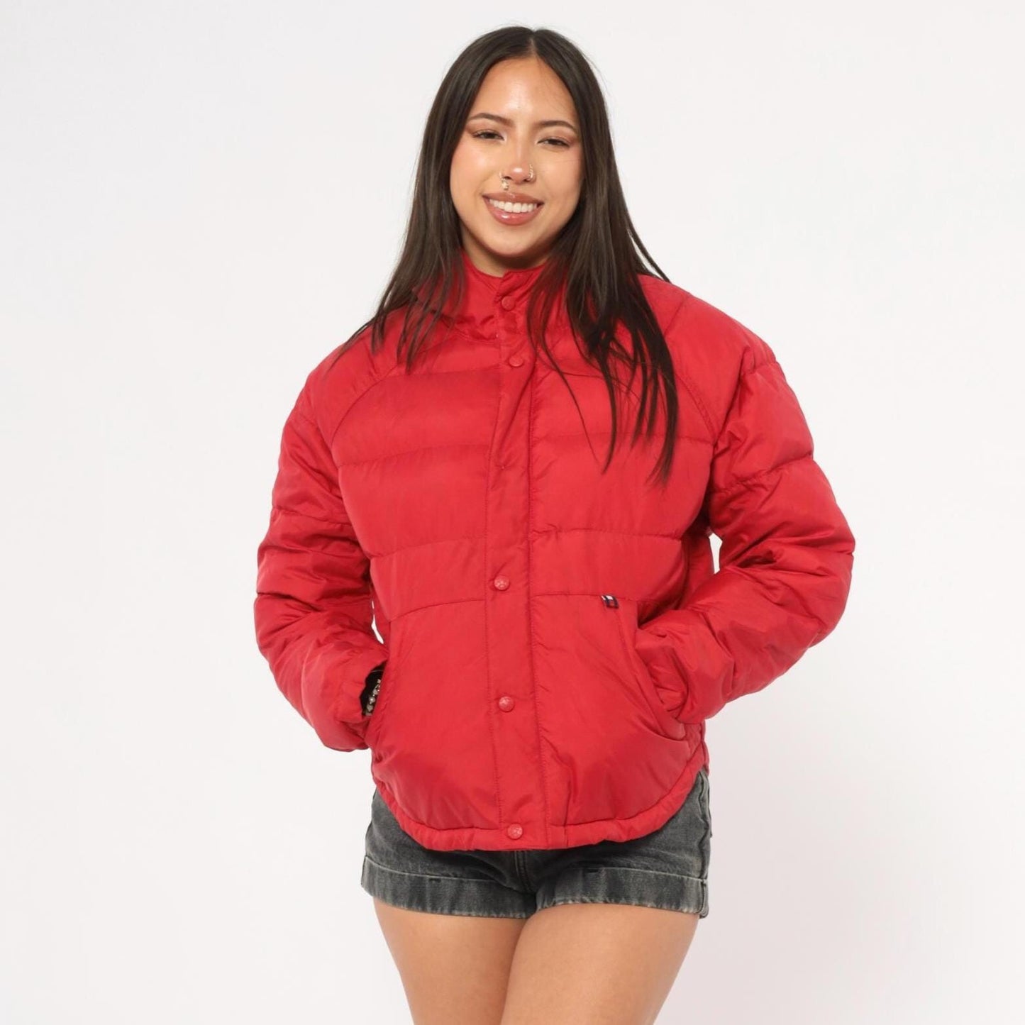 90s Tommy Jeans Red Down Puffer Jacket Hooded Cropped Quilted Medium M