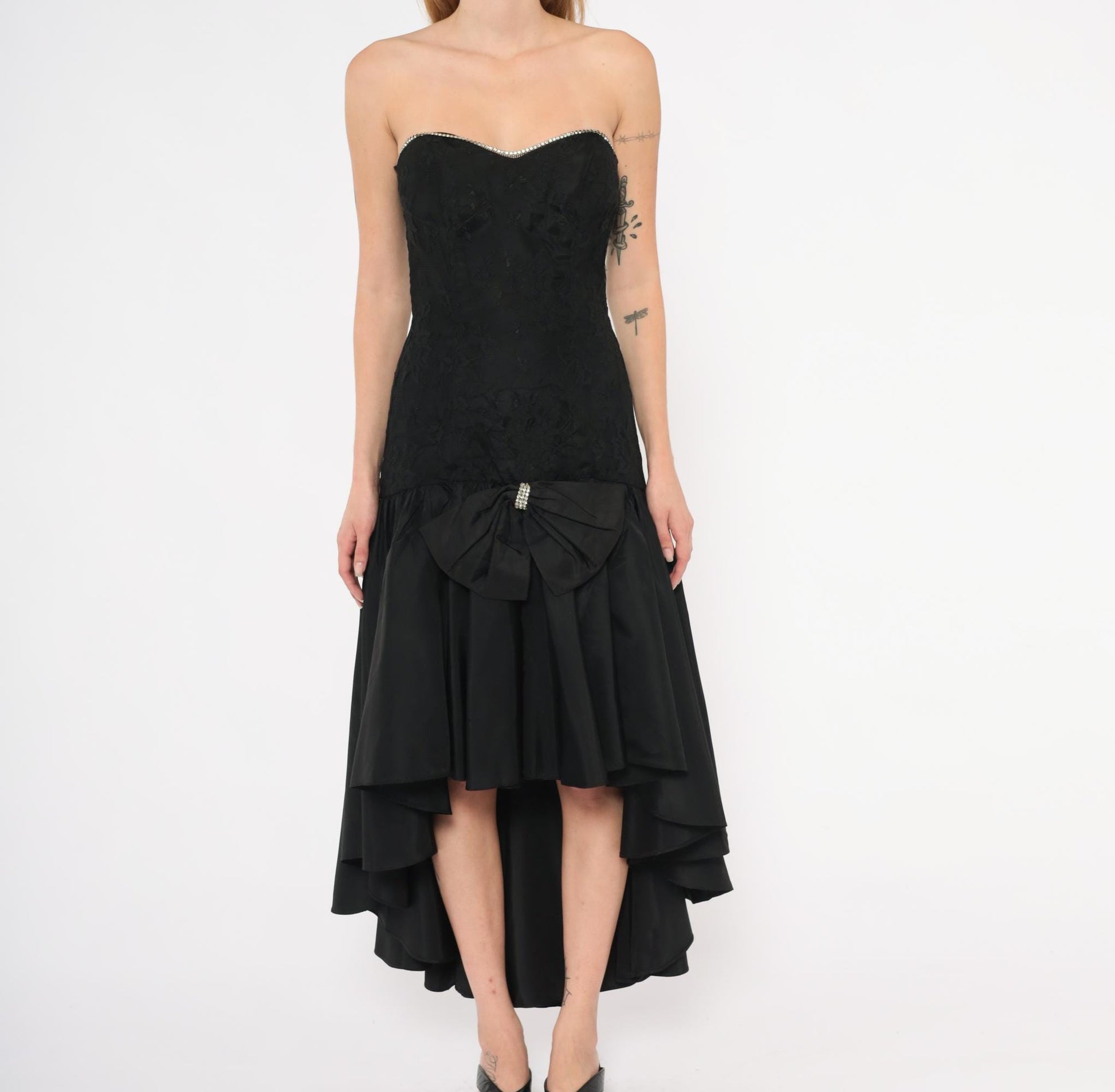 80s Jolie Madame Black Strapless Gown Lace Bodice Rhinestone Trim Small
