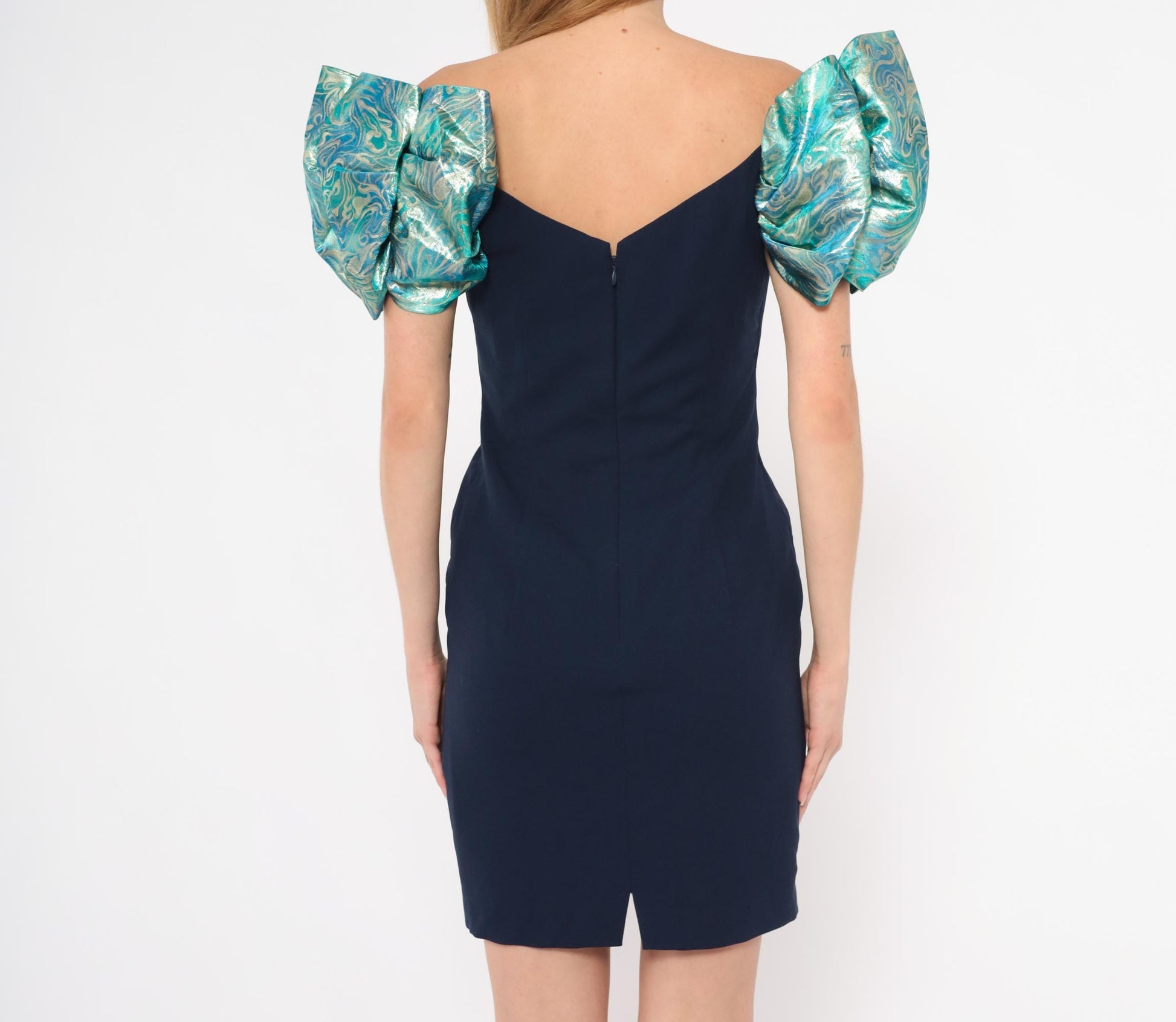 90s A.J. Bari Navy Metallic Puff Sleeve Mini Dress Sweetheart Neckline Small S
