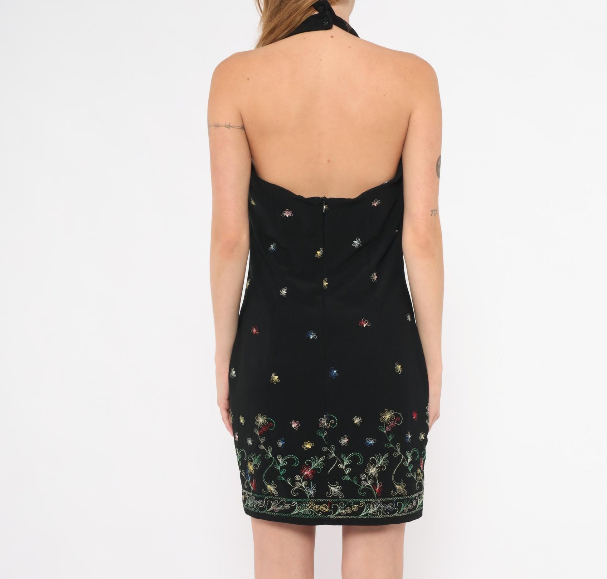 90s Hugo Buscati Black Halter Mini Dress Floral Embroidery Small Medium