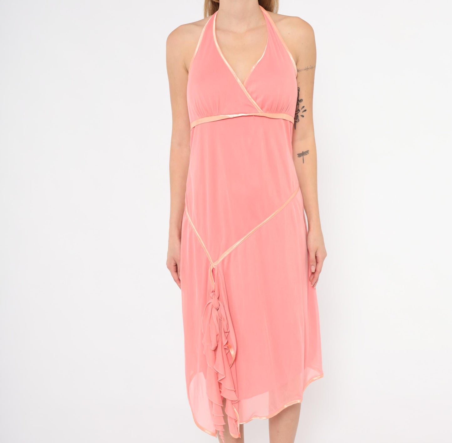Y2K Coral Halter Dress Surplice Neckline Satin Trim Ruffle Chiffon Overlay Backless Tie Neck Pink Summer Beach Party Coquette Salmon Large L