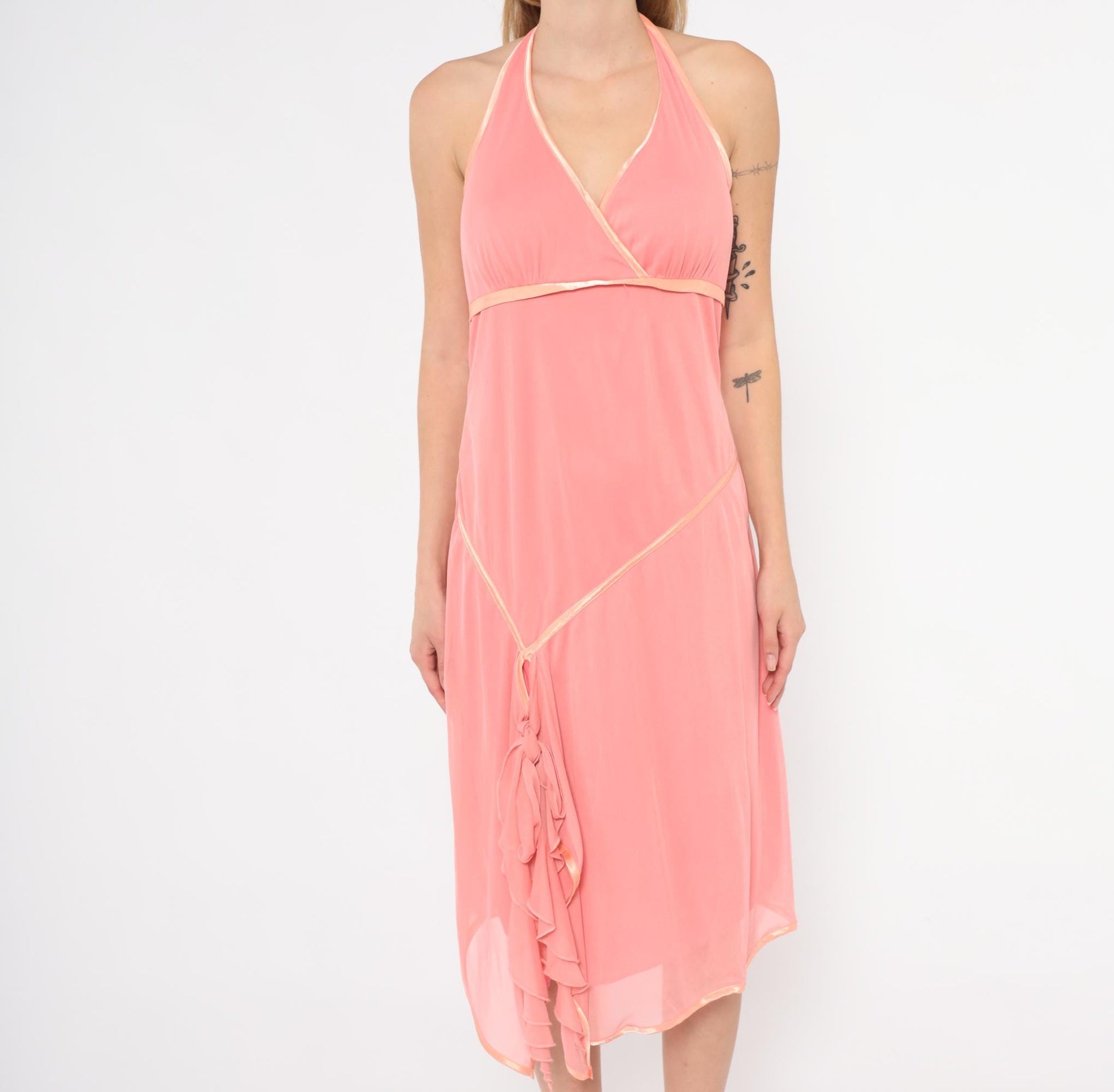 Y2K Coral Halter Dress Surplice Neckline Satin Trim Ruffle Chiffon Overlay Backless Tie Neck Pink Summer Beach Party Coquette Salmon Large L