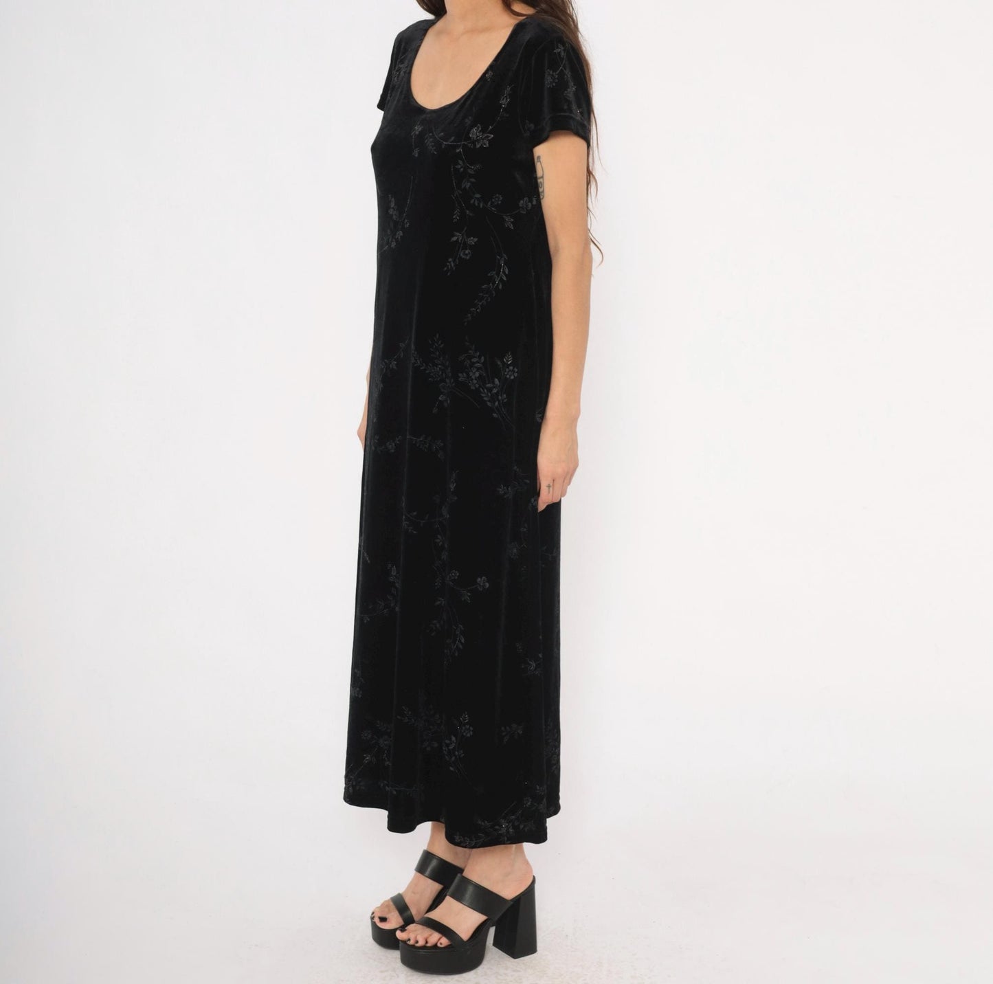 90s DJ & Co Black Velvet Maxi Dress Burnout Floral Short Sleeve Large L