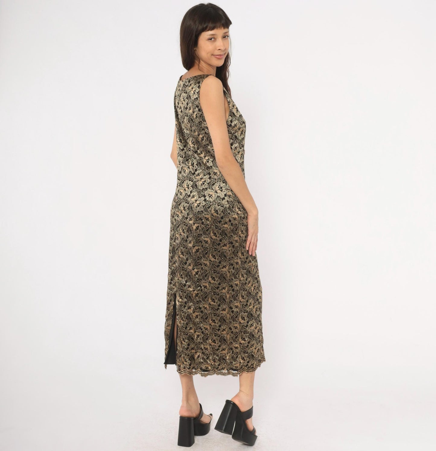 90s Jessica Howard Gold Floral Lace Maxi Dress Black Sleeveless Large L