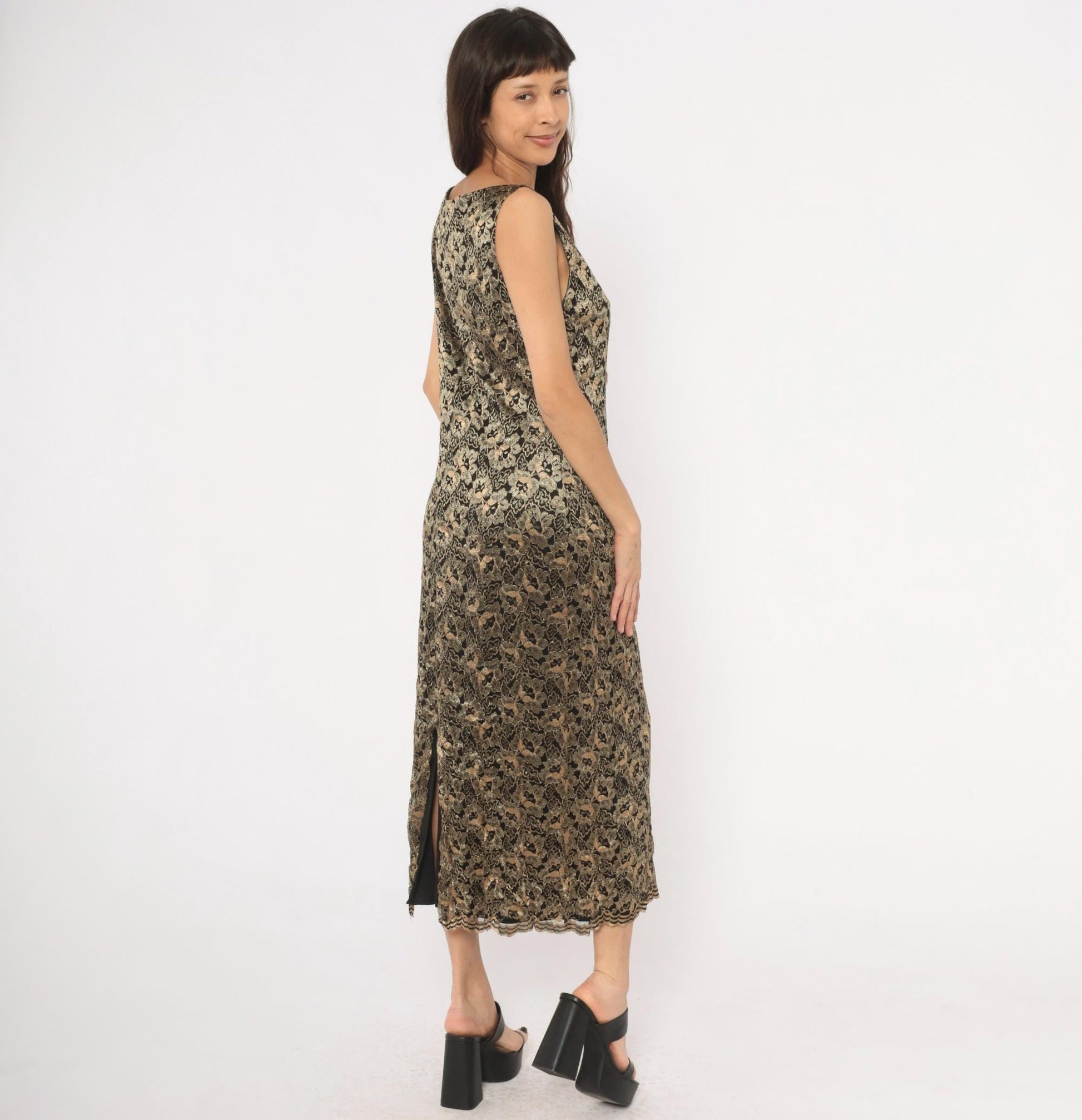 90s Jessica Howard Gold Floral Lace Maxi Dress Black Sleeveless Large L