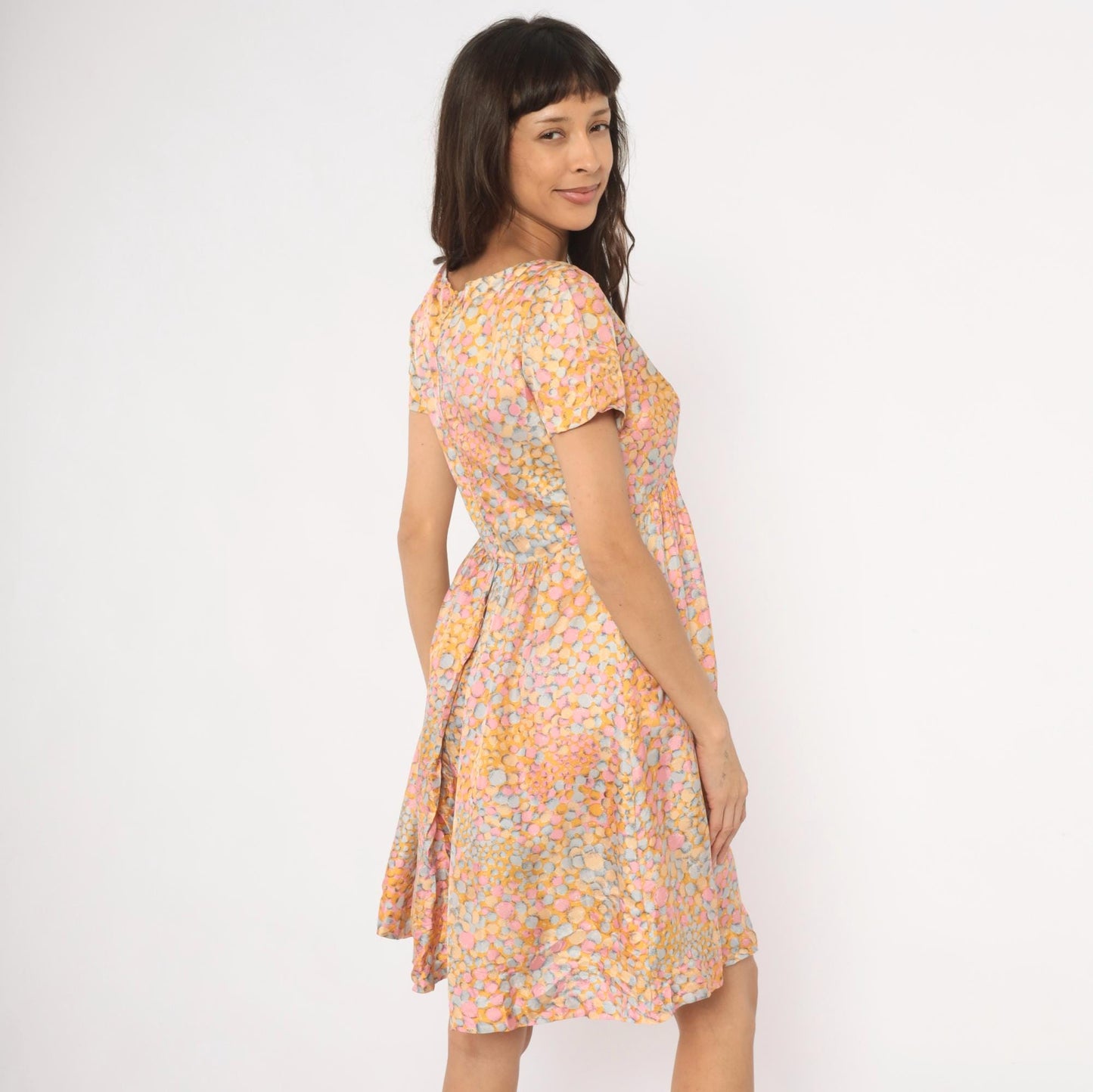 60s Silk Babydoll Dress Pebble Print Orange Pink Blue Mini Scoop Neck Medium M