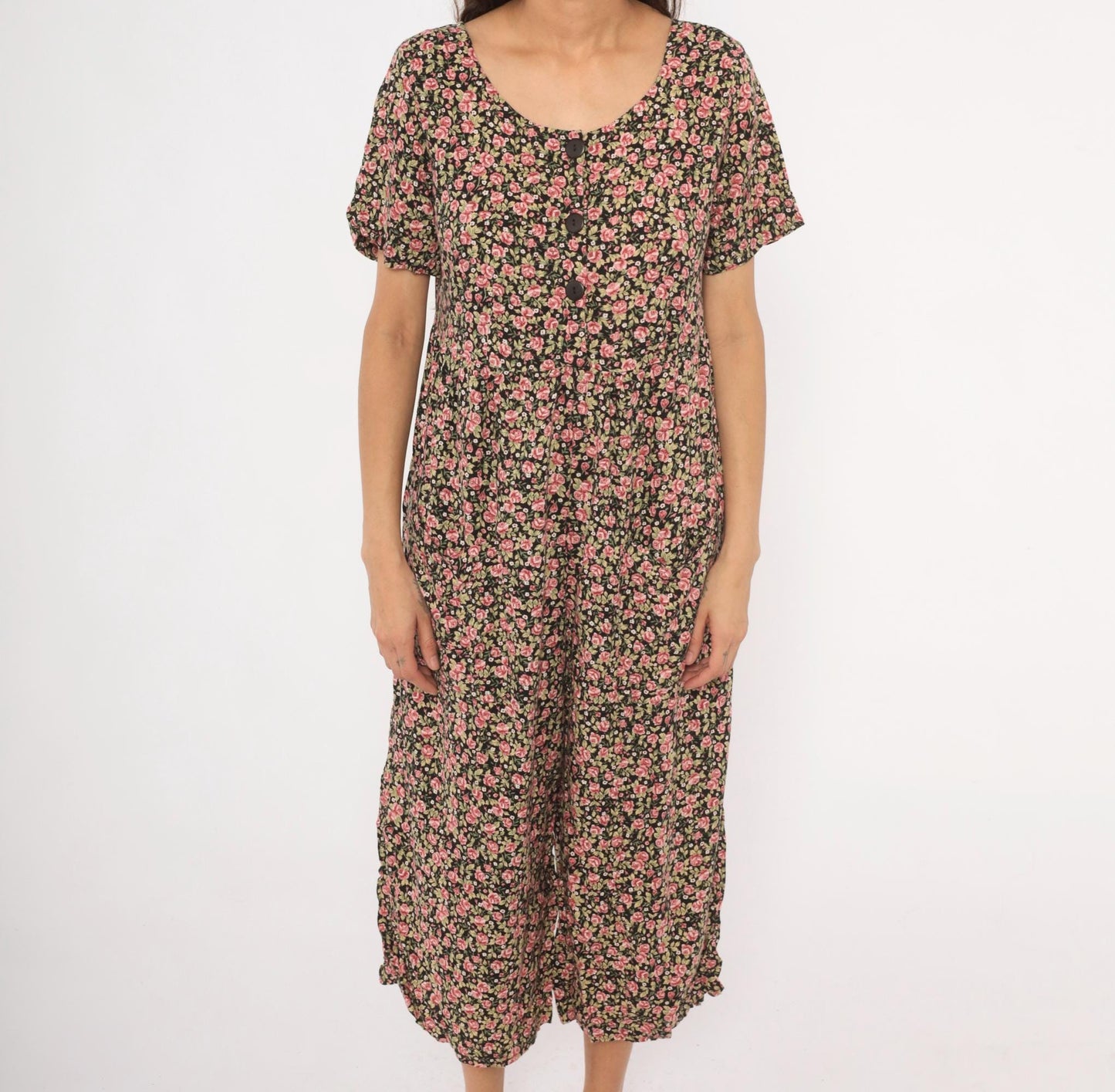 90s Black Floral Jumpsuit Wide Leg Rose Print Scoop Neck Medium M