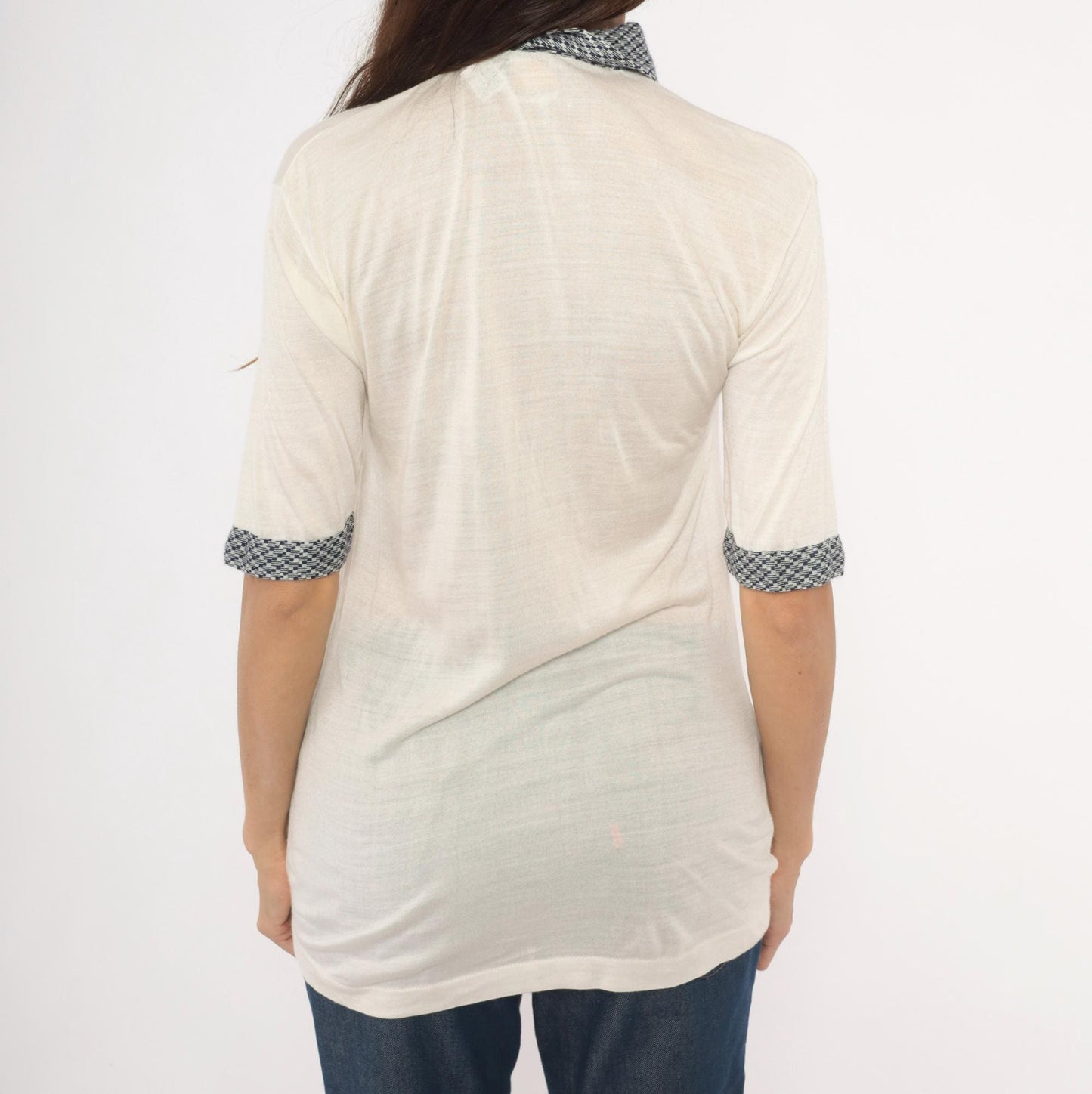 80s Drummond Houndstooth Polo Cream Navy Check Collar Knit Blouse Medium