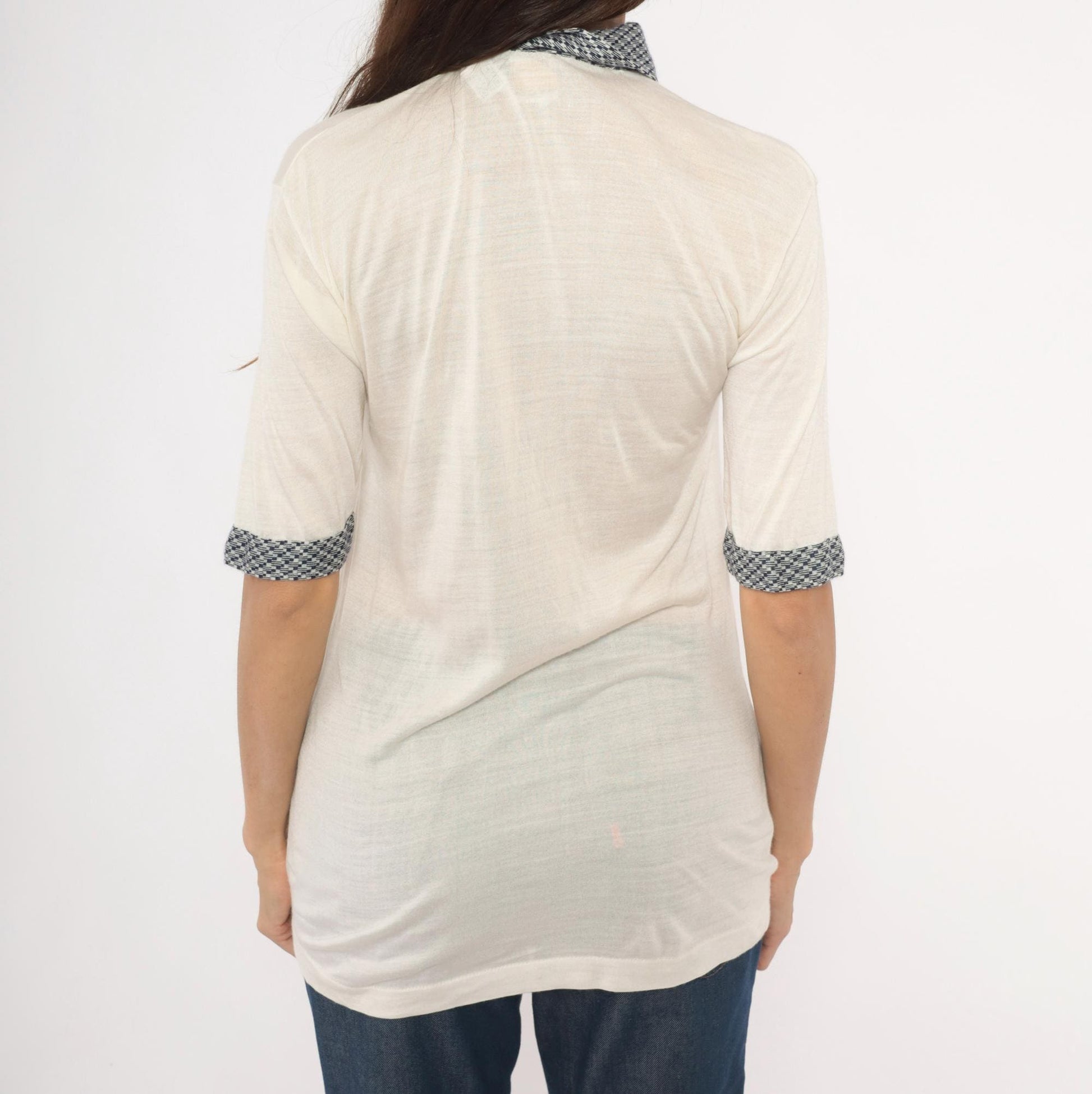 80s Drummond Houndstooth Polo Cream Navy Check Collar Knit Blouse Medium