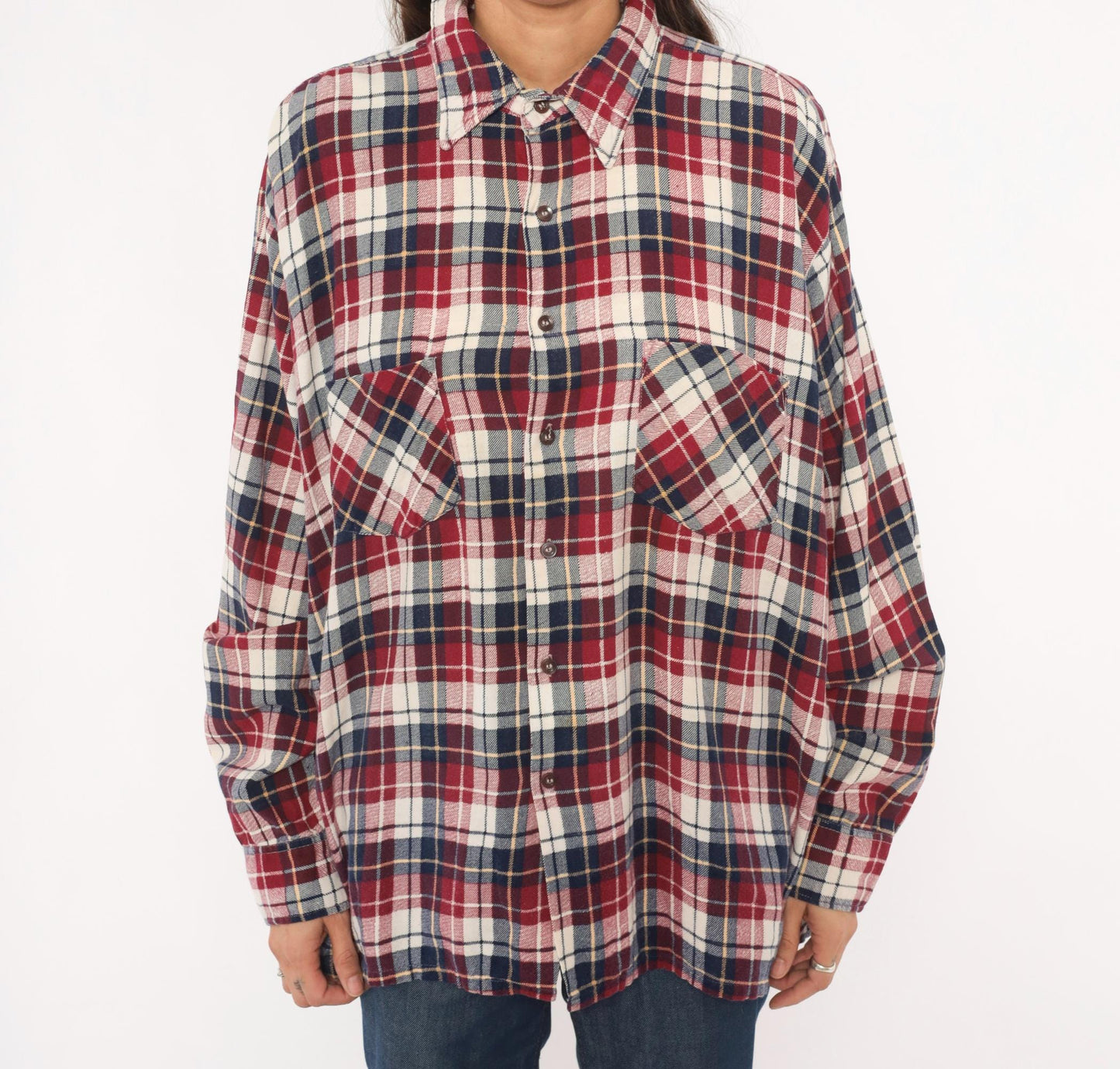 90s Dickies Flannel Shirt Red Navy Cream Plaid Cotton XL