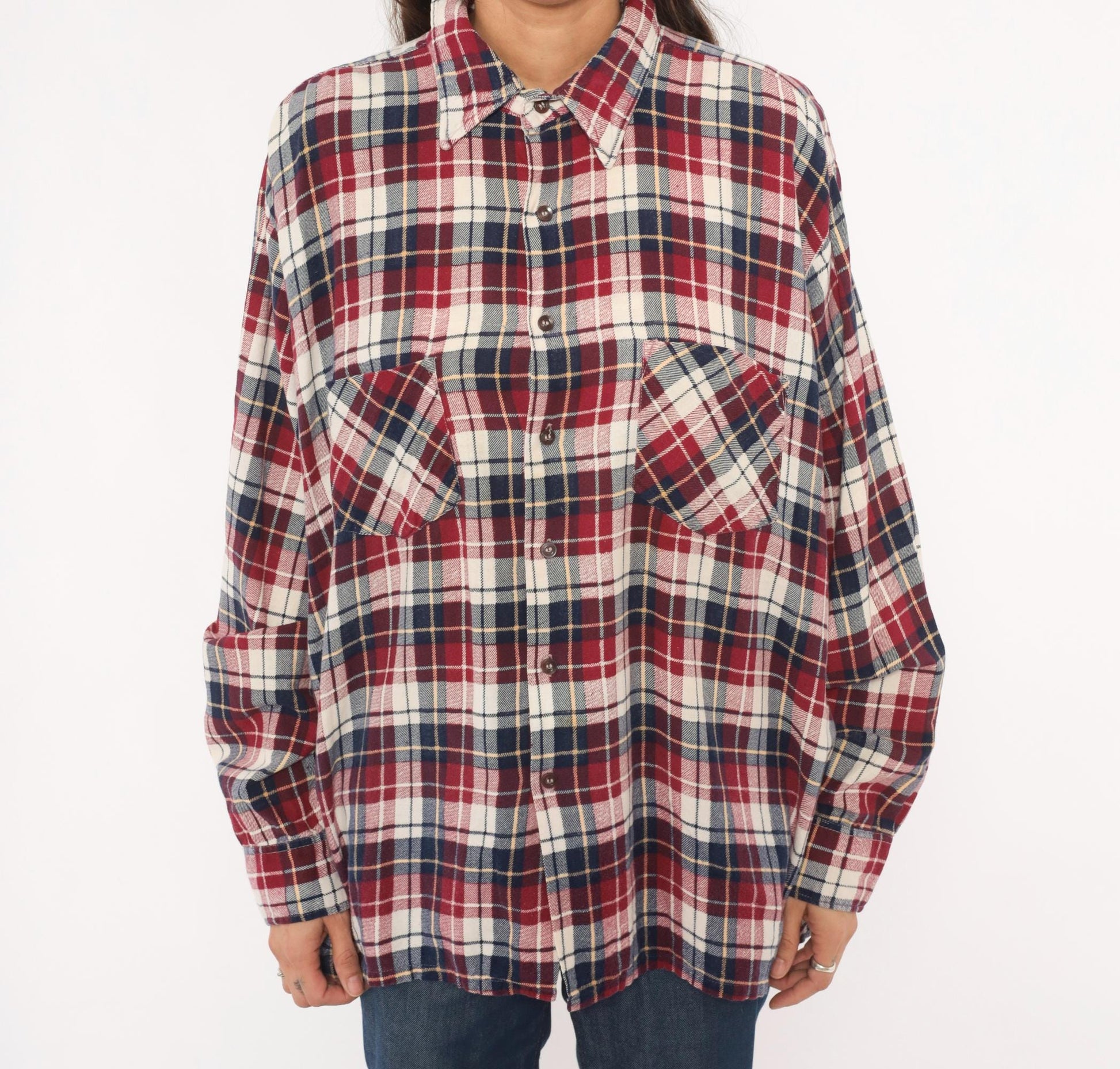 90s Dickies Flannel Shirt Red Navy Cream Plaid Cotton XL