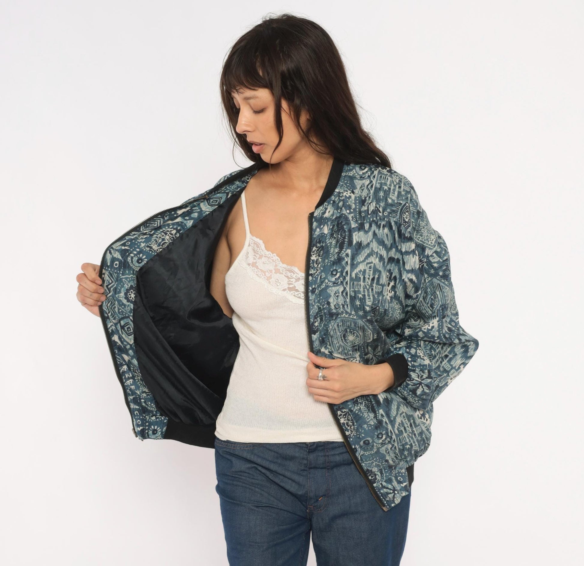 90s Silk Bomber Jacket Abstract Tribal Print Blue Grey Unisex Small