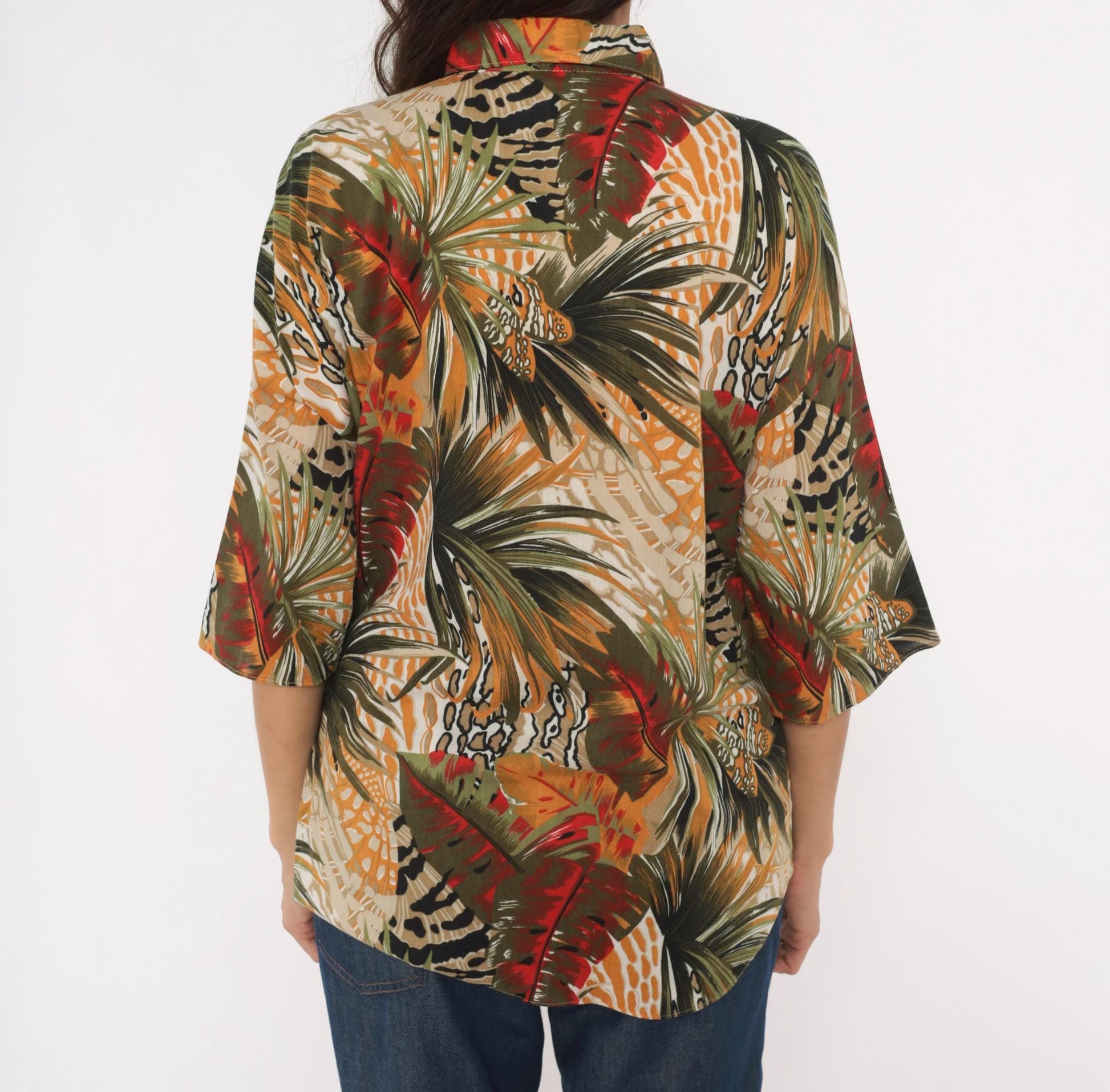 90s Touché LA Tropical Palm Leaf Print Shirt Mustard Olive Red Large L