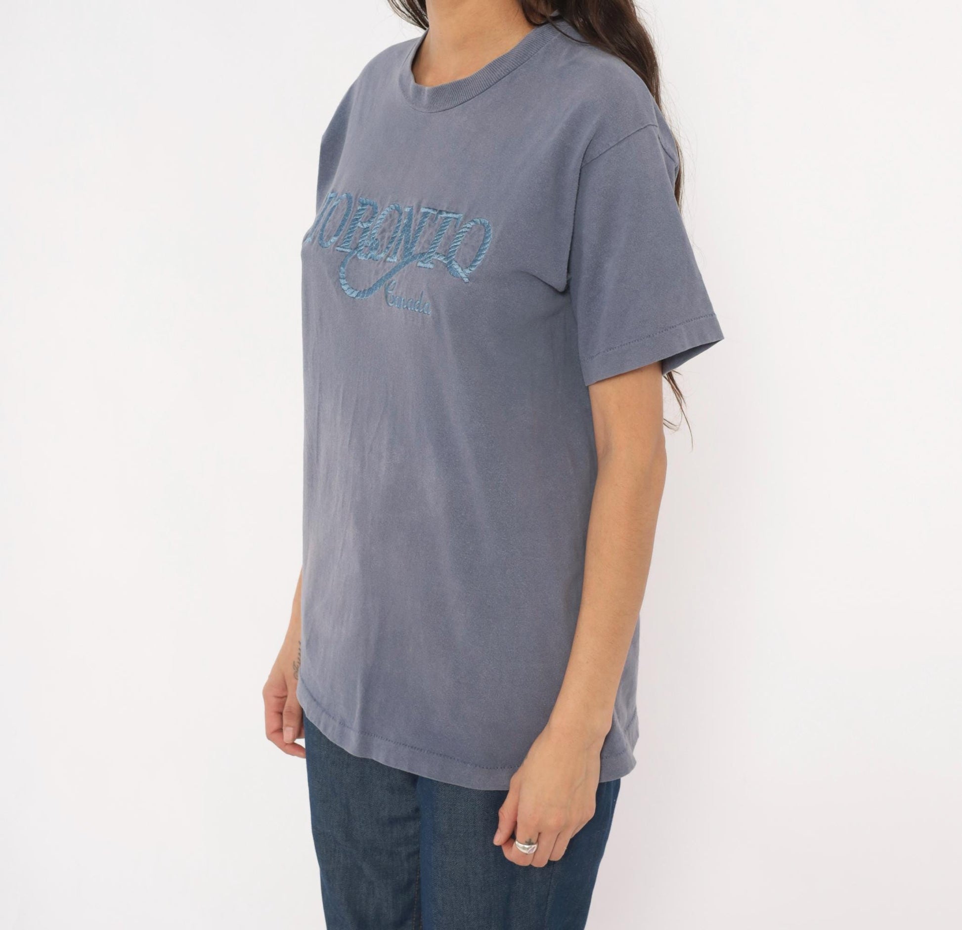 90s Toronto Canada Embroidered Tee Fruit of the Loom Slate Blue Grey Medium