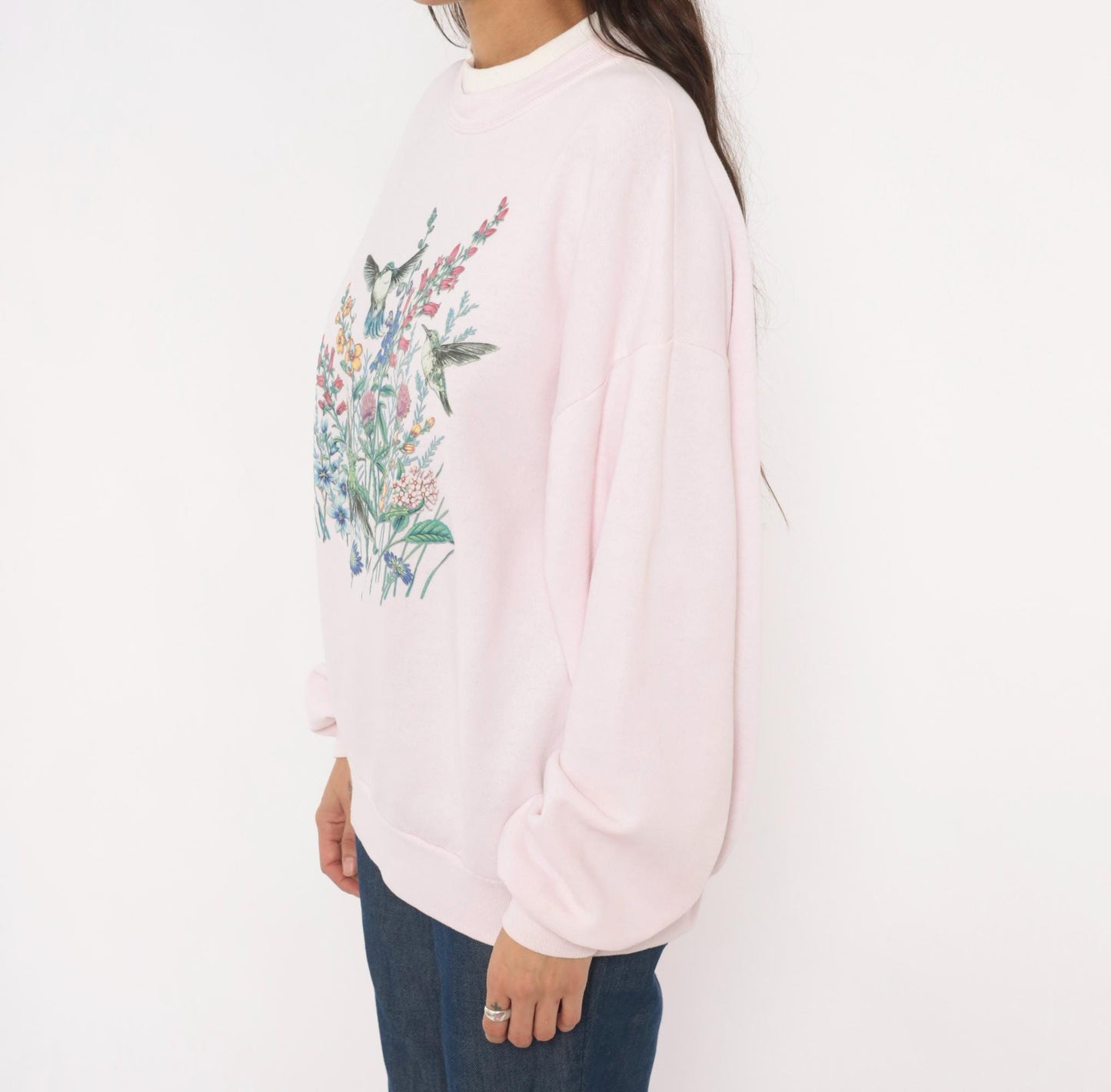 90s Jerzees Hummingbird Wildflower Sweatshirt Pink Crewneck Large L