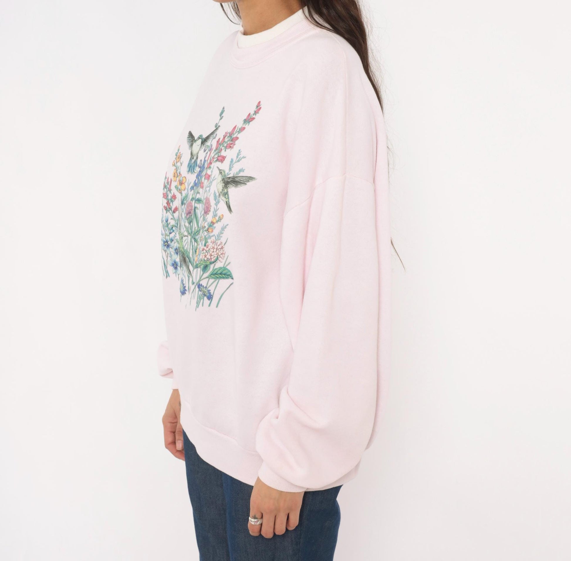 90s Jerzees Hummingbird Wildflower Sweatshirt Pink Crewneck Large L