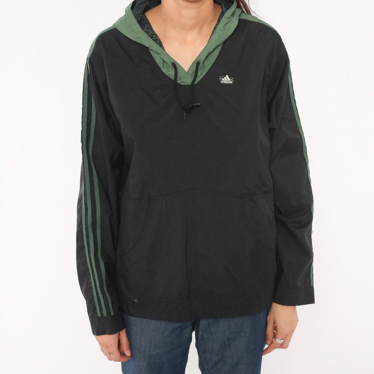 90s Adidas Pullover Windbreaker Black Olive Green Three Stripe Hooded Anorak Large L