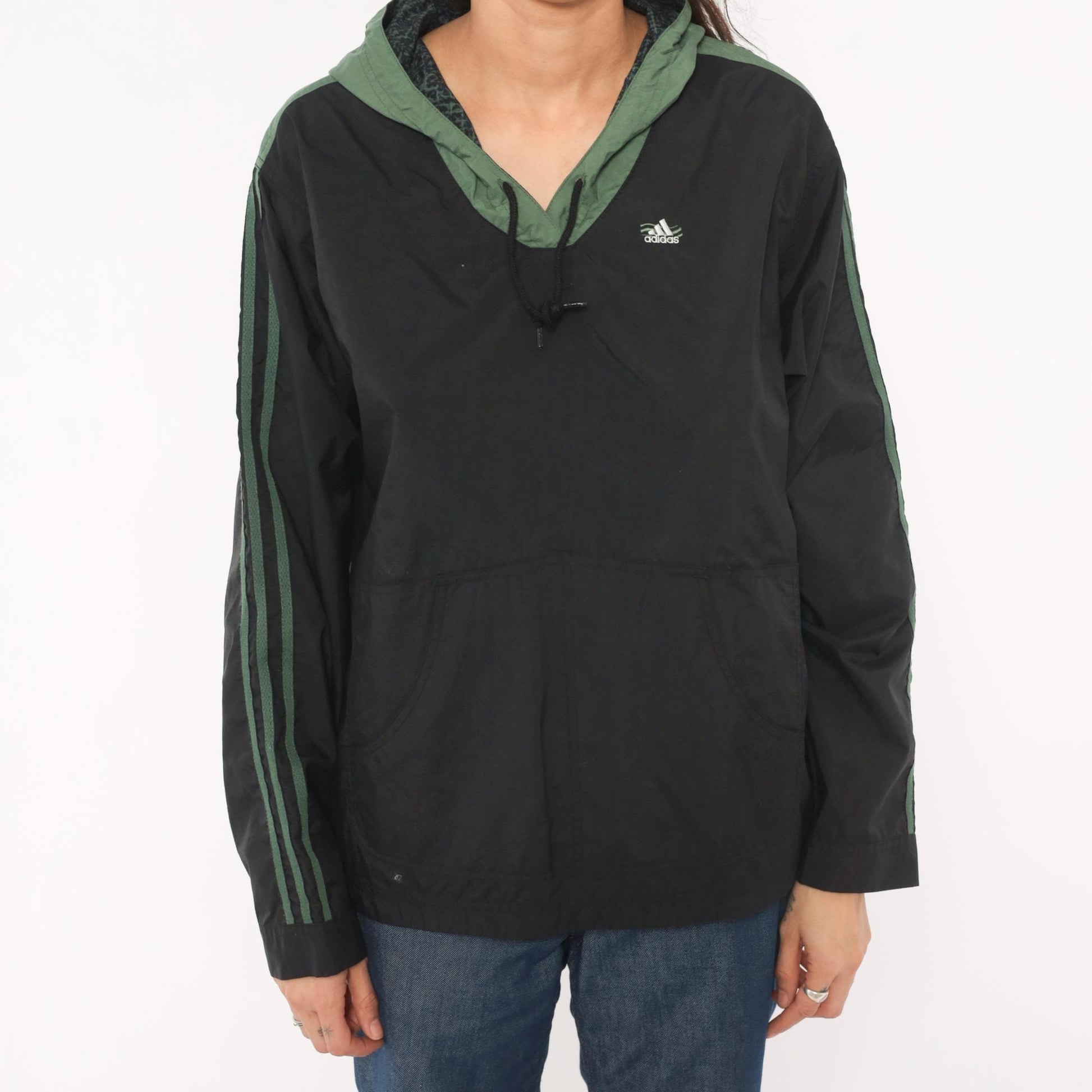 90s Adidas Pullover Windbreaker Black Olive Green Three Stripe Hooded Anorak Large L
