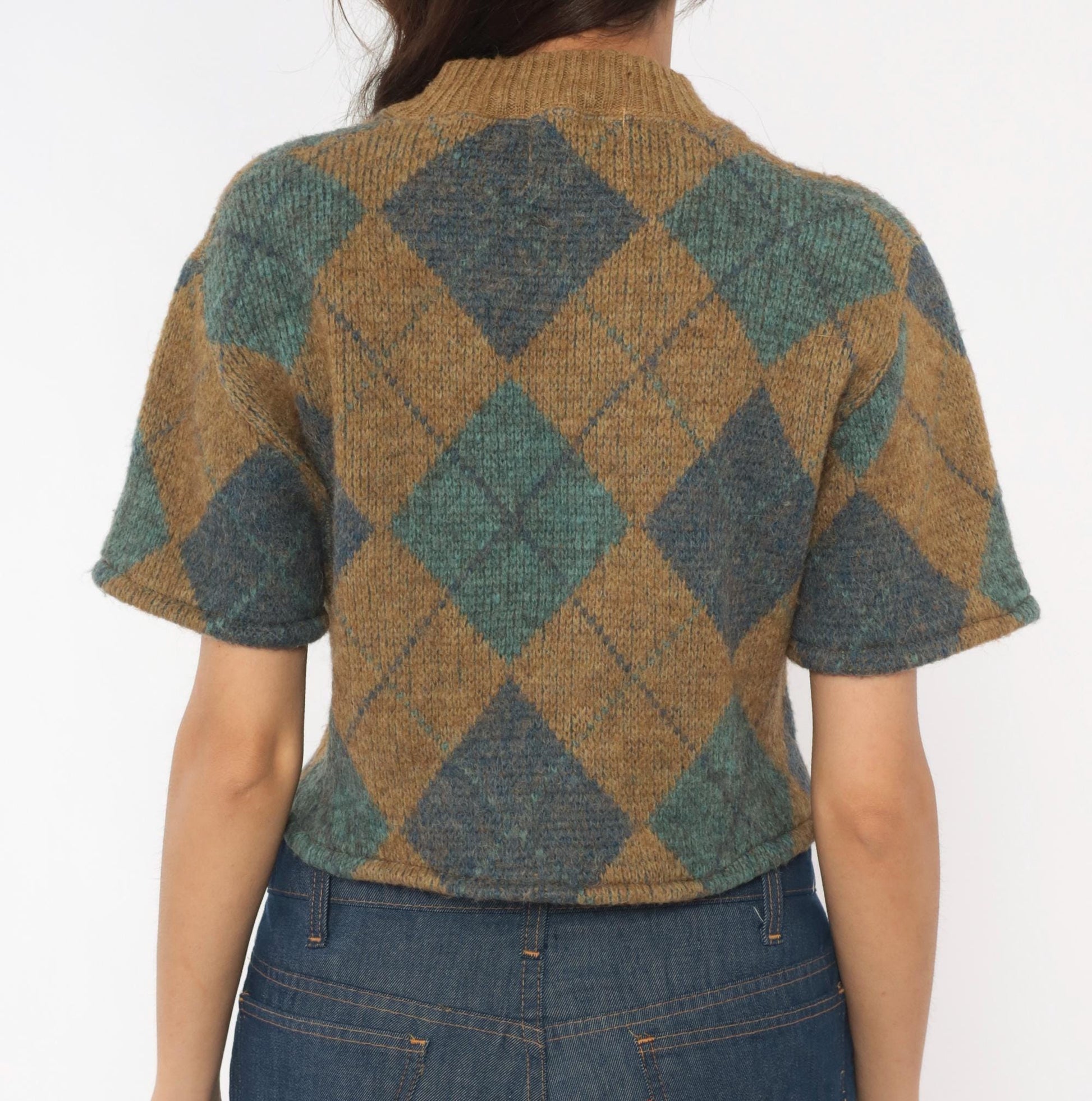 70s Brentwood Argyle Crop Sweater Wool V-Neck Tan Blue Small S