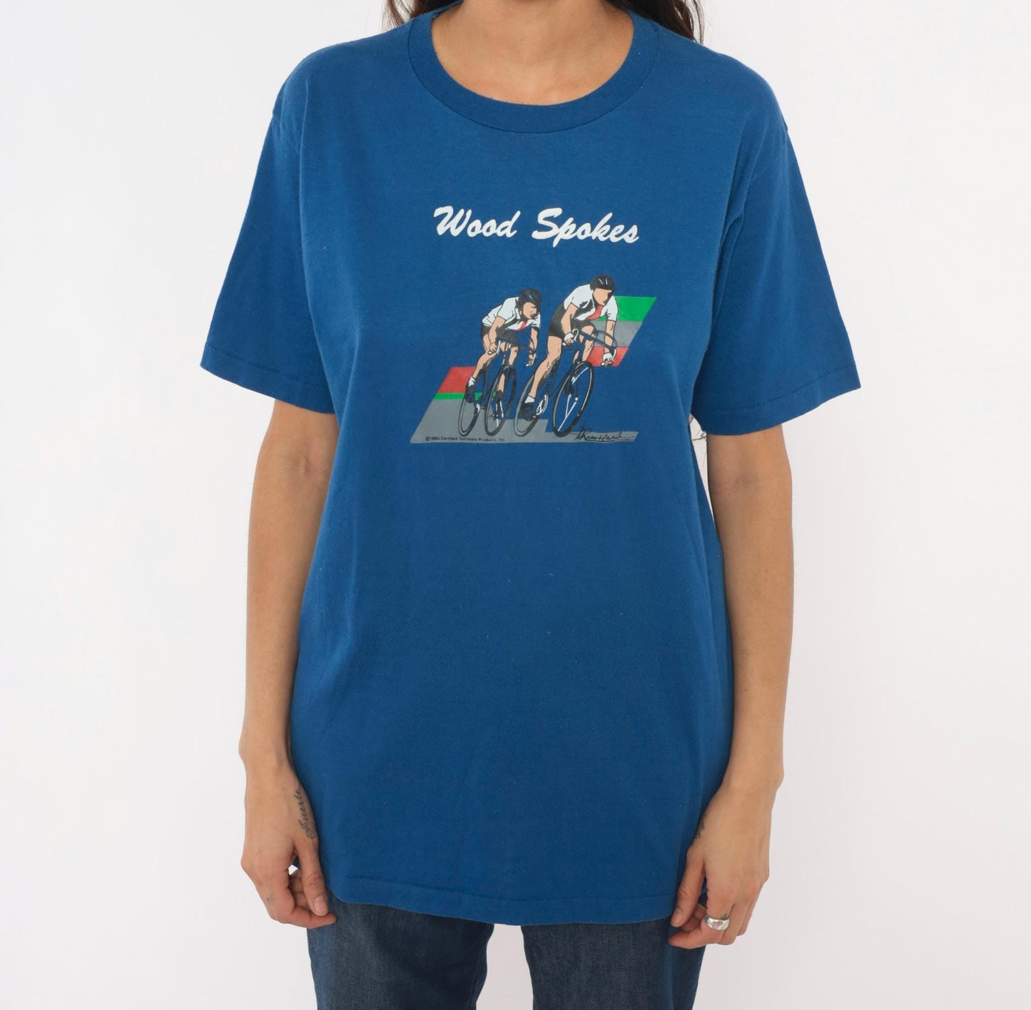 80s Jerzees Wood Spokes Cycling Graphic Tee Blue Crew Neck Large L