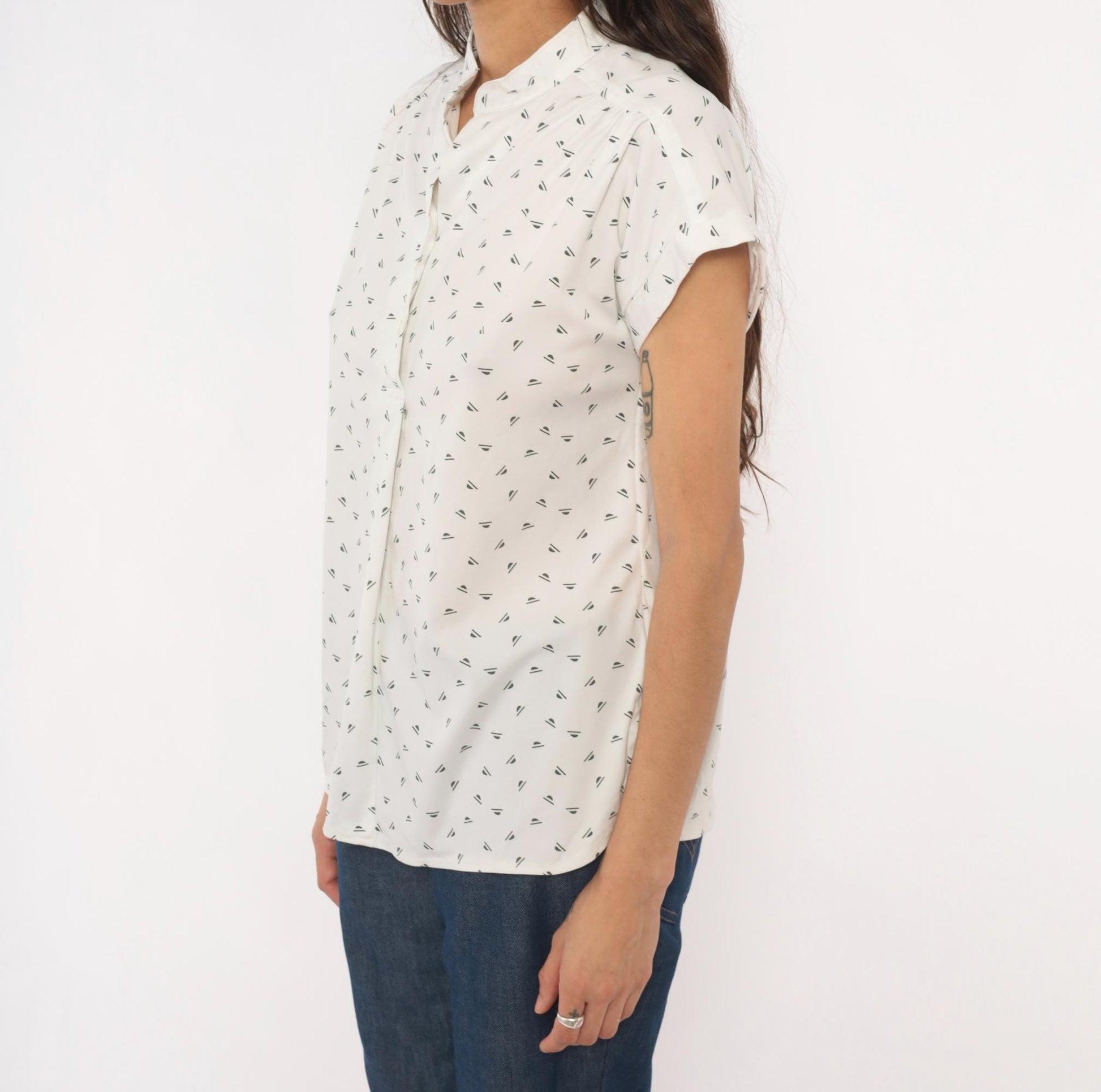 70s Mr. Fine Sailboat Print Blouse White Mandarin Collar Cap Sleeve Medium