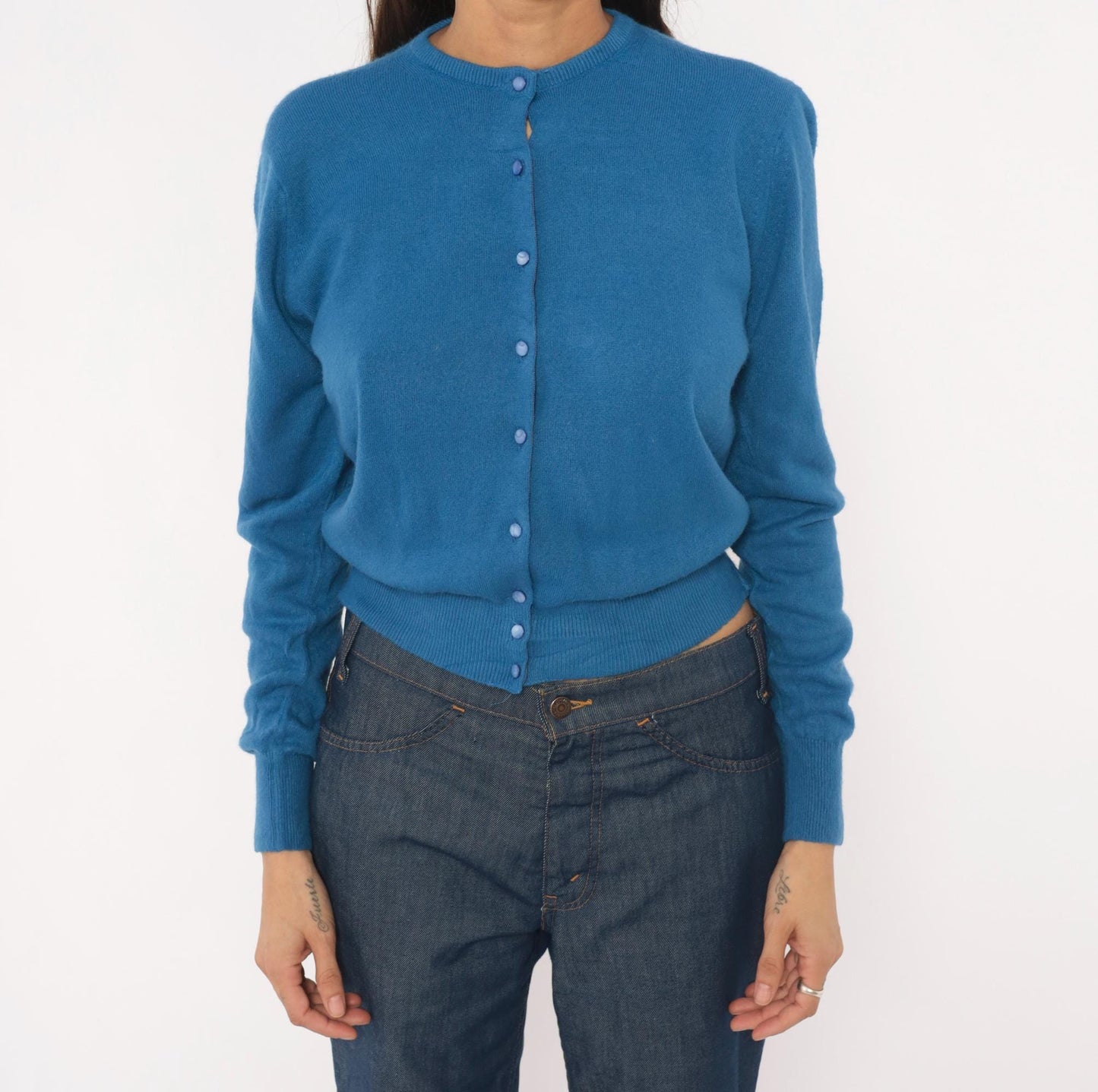 60s Joyce Lane Blue Cardigan Knit Sweater Cropped Ribbed Small S