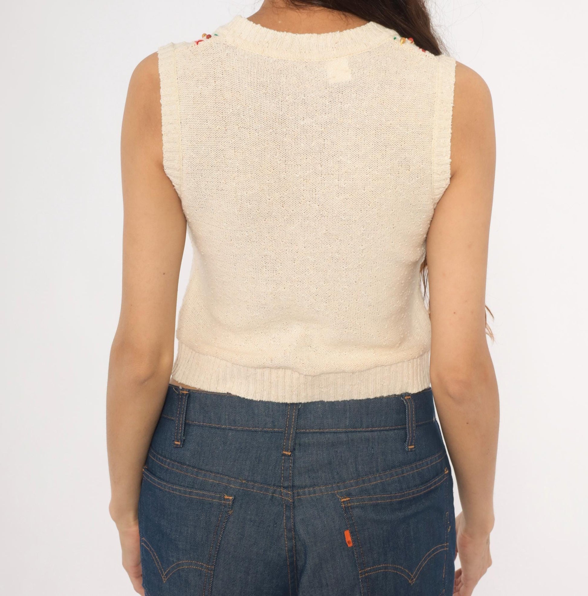 70s Cream Knit Vest Embroidered Cross-Stitch Beaded Neckline Sleeveless Small S