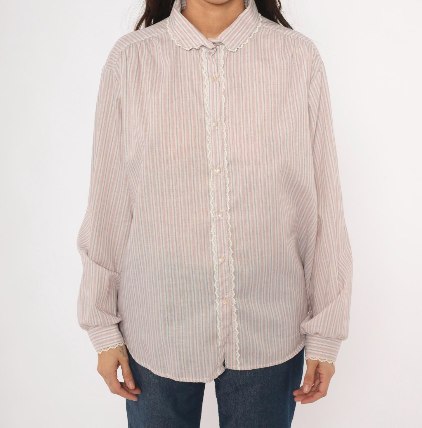 80s Laura Mae Striped Cotton Blouse Peter Pan Collar Lace Trim Extra Large XL
