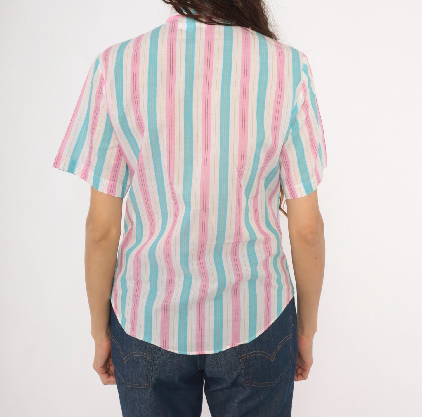 80s Shirtmakers Ltd. Candy Stripe Button-Up Blouse Pink Sky Blue Large L